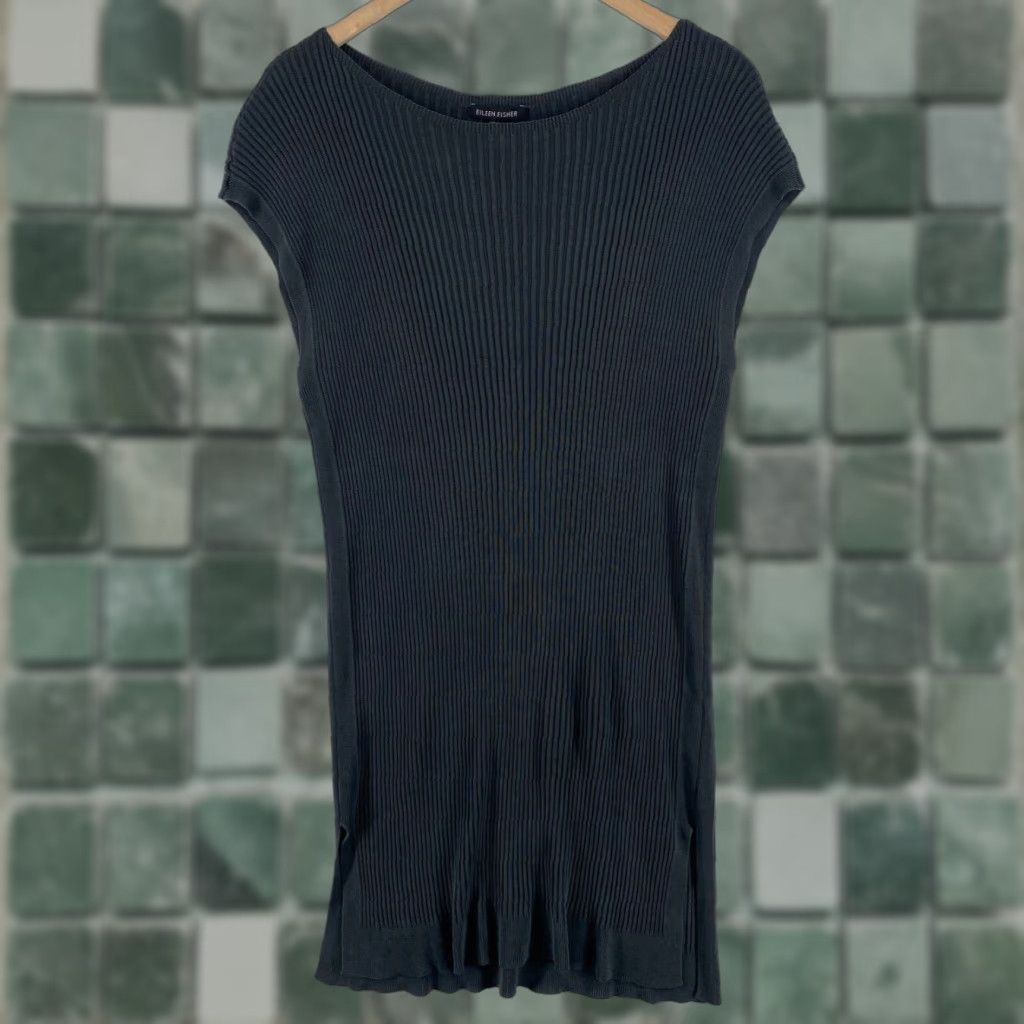 EILEEN FISHER Tunic Sweater Dress L Cap Sleeve Ribbed Tencel Blue Gray USA  Womens - threedaughtersproperties.com