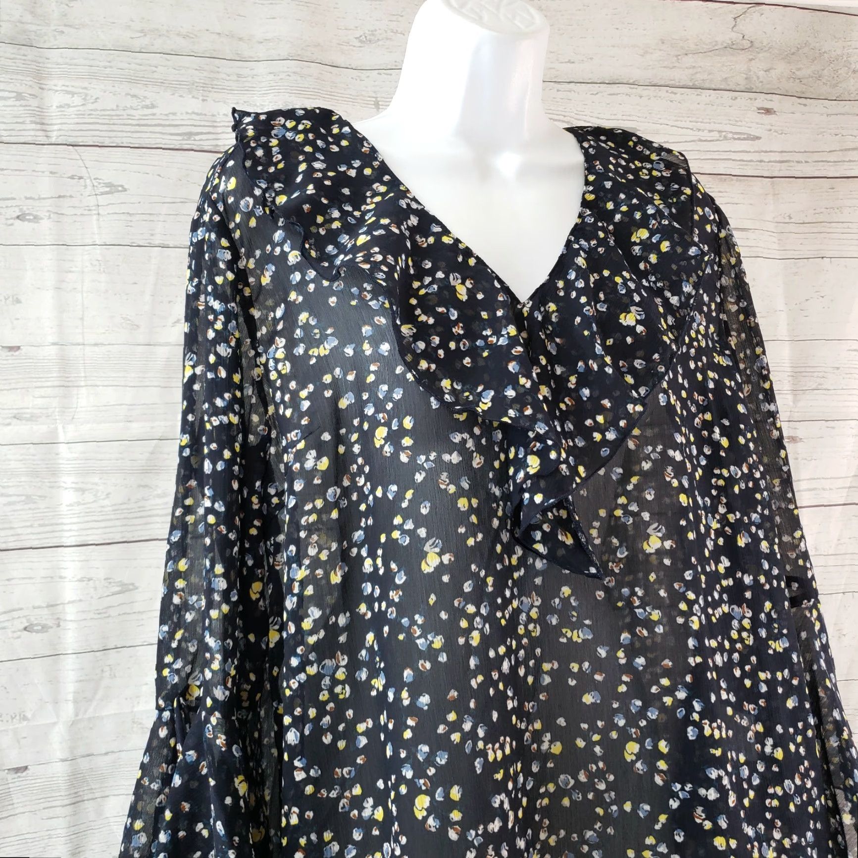 Vintage Vero Viva Blouse Womens Blue Yellow Floral Long Sleeve V-Neck Sheer Ruffle Sz 422024 Womens Size M / US 6-8 / IT 42-44 - 2 Thumbnail