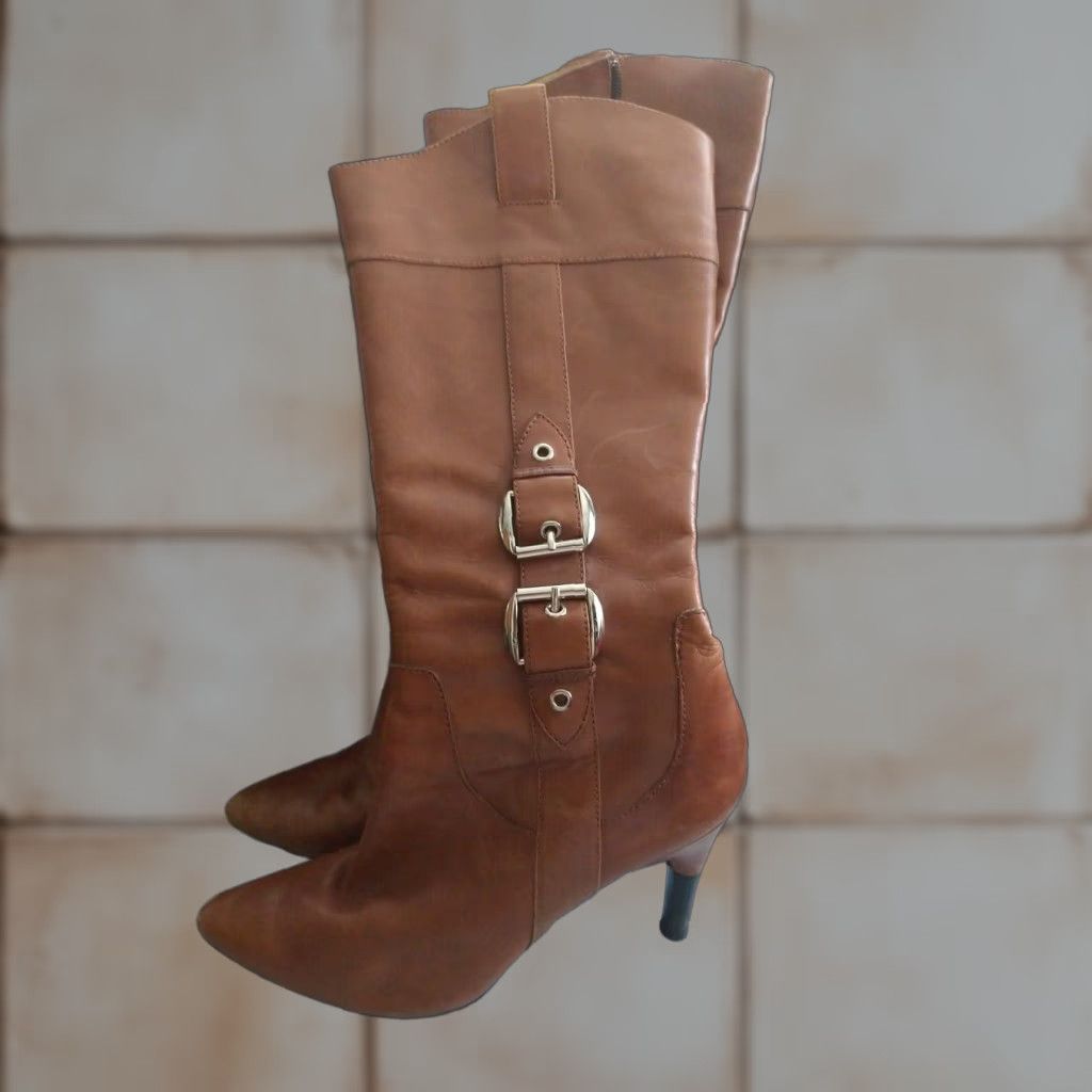 Vintage Via Spiga Boots Zip Light Use Ladies Tall Leather Beige 8m Buckle Heel Scuffed Back Toe Scuffs Womens Size US 8 / IT 38 - 1 Thumbnail