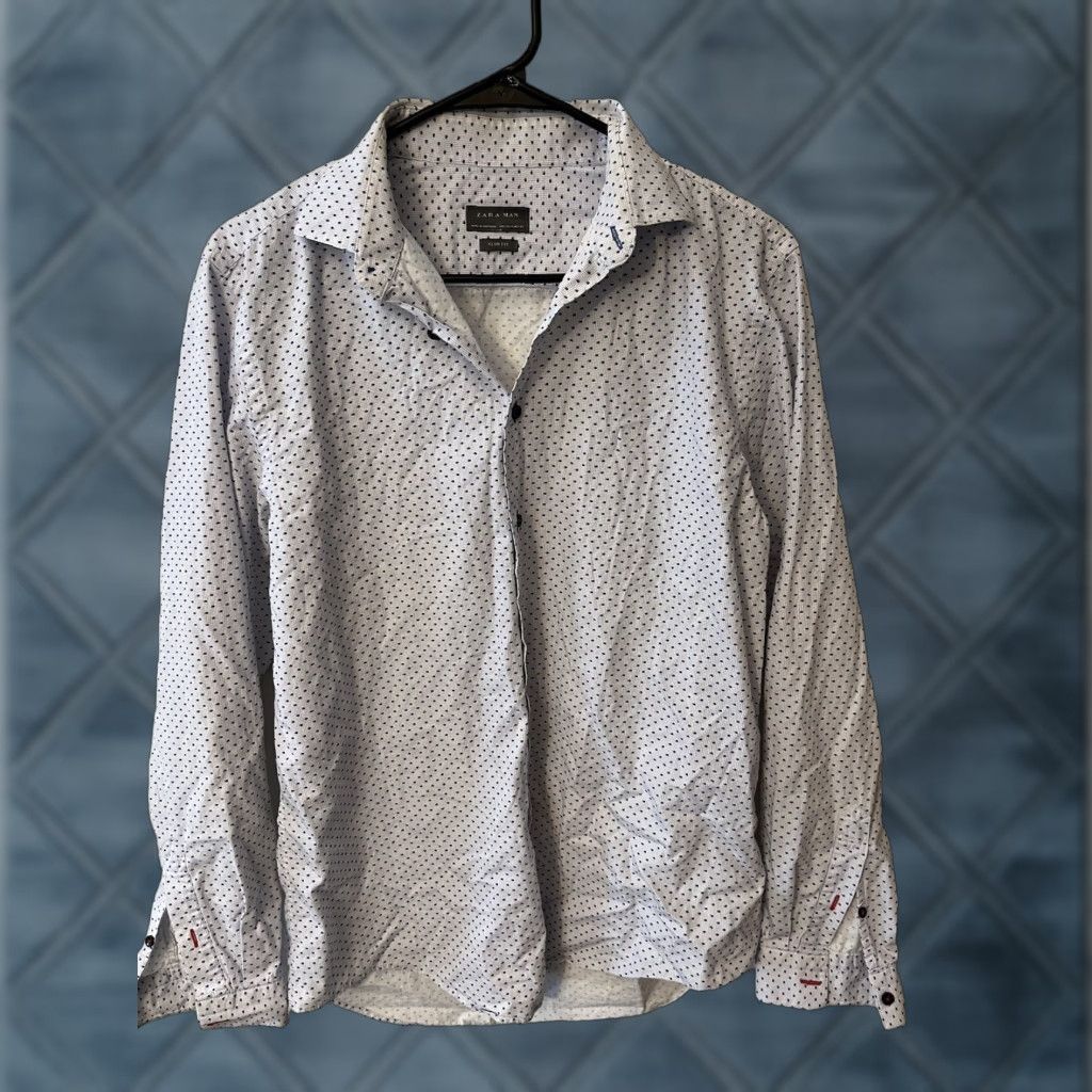Zara ZARA MAN Slim Fit Button-Down Shirt Men's L White Blue Button-Down Knit 100% Cotton Tailored Fit Button-Up Size US L / EU 52-54 / 3 - 1 Thumbnail