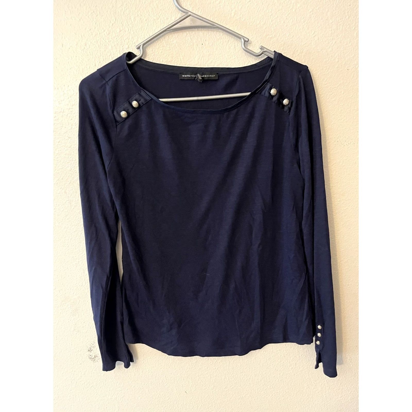 White House Black Market White House Black Market Blouse Women's Blue Long Sleeve Round Neck, Size M, Solid, Cotton Nylon Viscose, Button, Regular Fit, Lightweight, Breathable Size M / US 6-8 / IT 42-44 - 2 Thumbnail