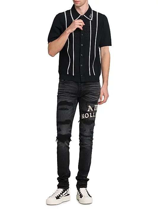 Amiri os11x1225 Logo-Detailed Striped Pointelle-Knit Shirt Black Size US L / EU 52-54 / 3 - 2 Thumbnail