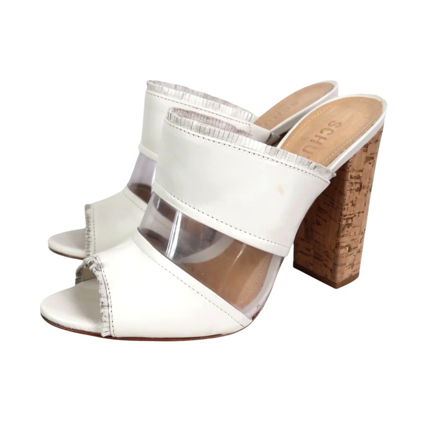 SCHUTZ Schutz White Leather Mule Slip-On Heels Sandals Peep Toe Cork 7.5 Womens Size US 8 / IT 38 - 5 Thumbnail