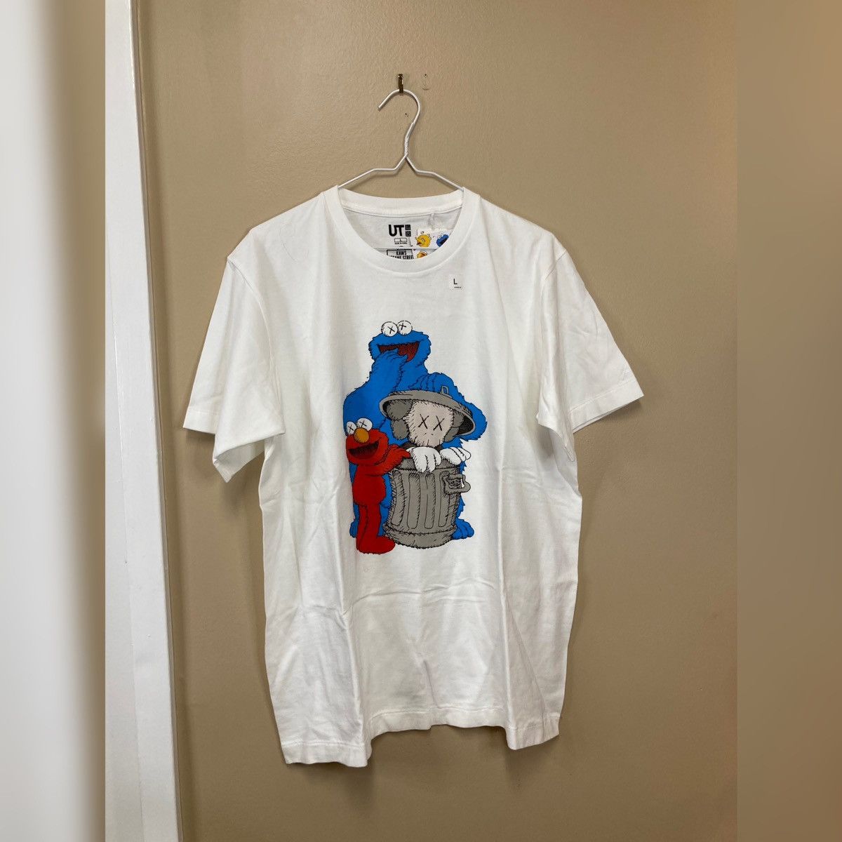 image of Kaws Sesame Street Cookie Monster T-Shirt in White, Men's (Size Large)