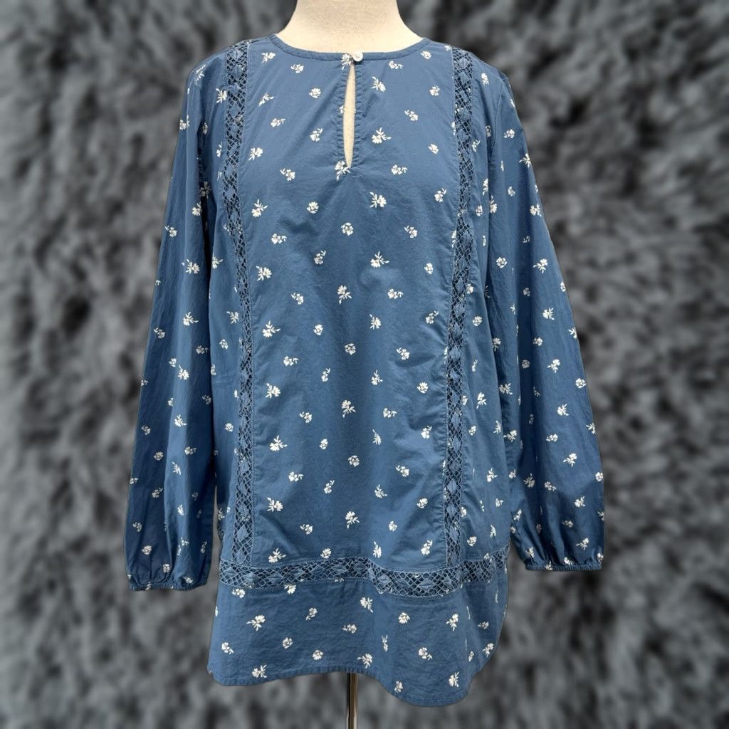 Lands' End VINTAGE Lands' End Floral Tunic Top Shirt Large 14 16 Women’s Blue Long Sleeve Cotton Womens Size L / US 10 / IT 46 - 1 Thumbnail