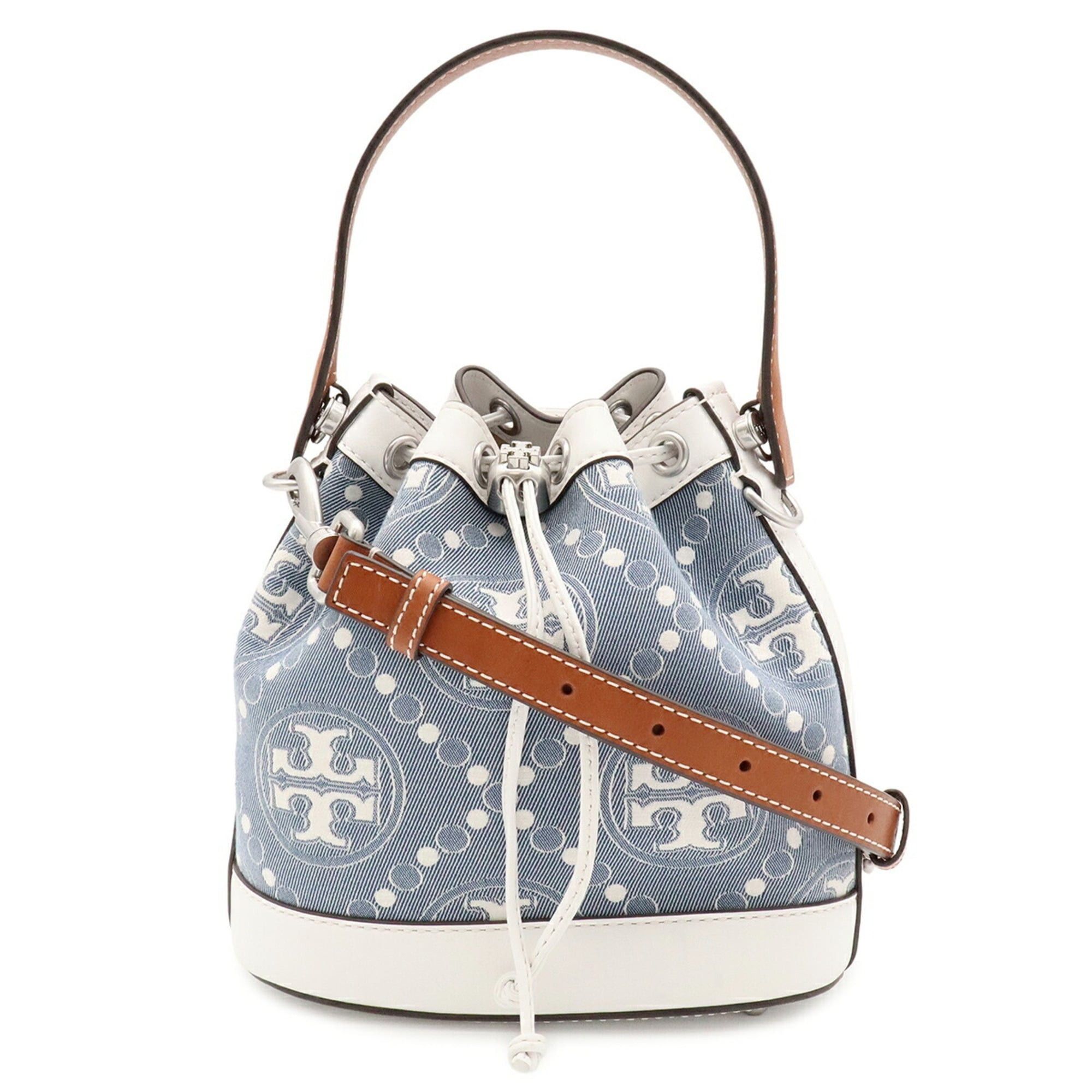 Tory Burch TORY BURCH Mini Bucket Handbag Shoulder Bag Leather Denim Jacquard White 149178 Size ONE SIZE - 1 Thumbnail