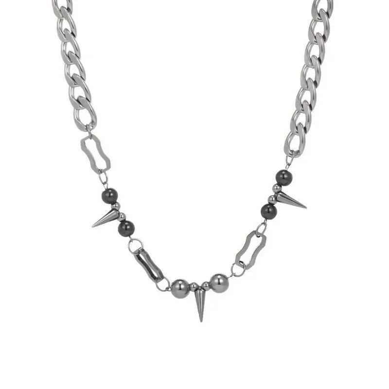 Jewelry × Vintage Dark Rivet Splicing Stainles Steel Bead Cuban Chain Necklace Size ONE SIZE - 6 Thumbnail