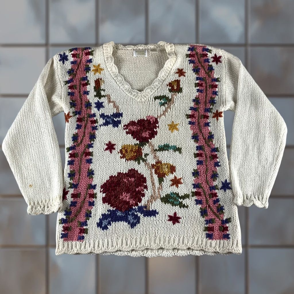 Needles VTG NEEDLES AND YARN KNIT SWEATER Womens SMALL FORAL GRANDMA V-NECK Cottagecore Size S / US 4 / IT 40 - 1 Thumbnail