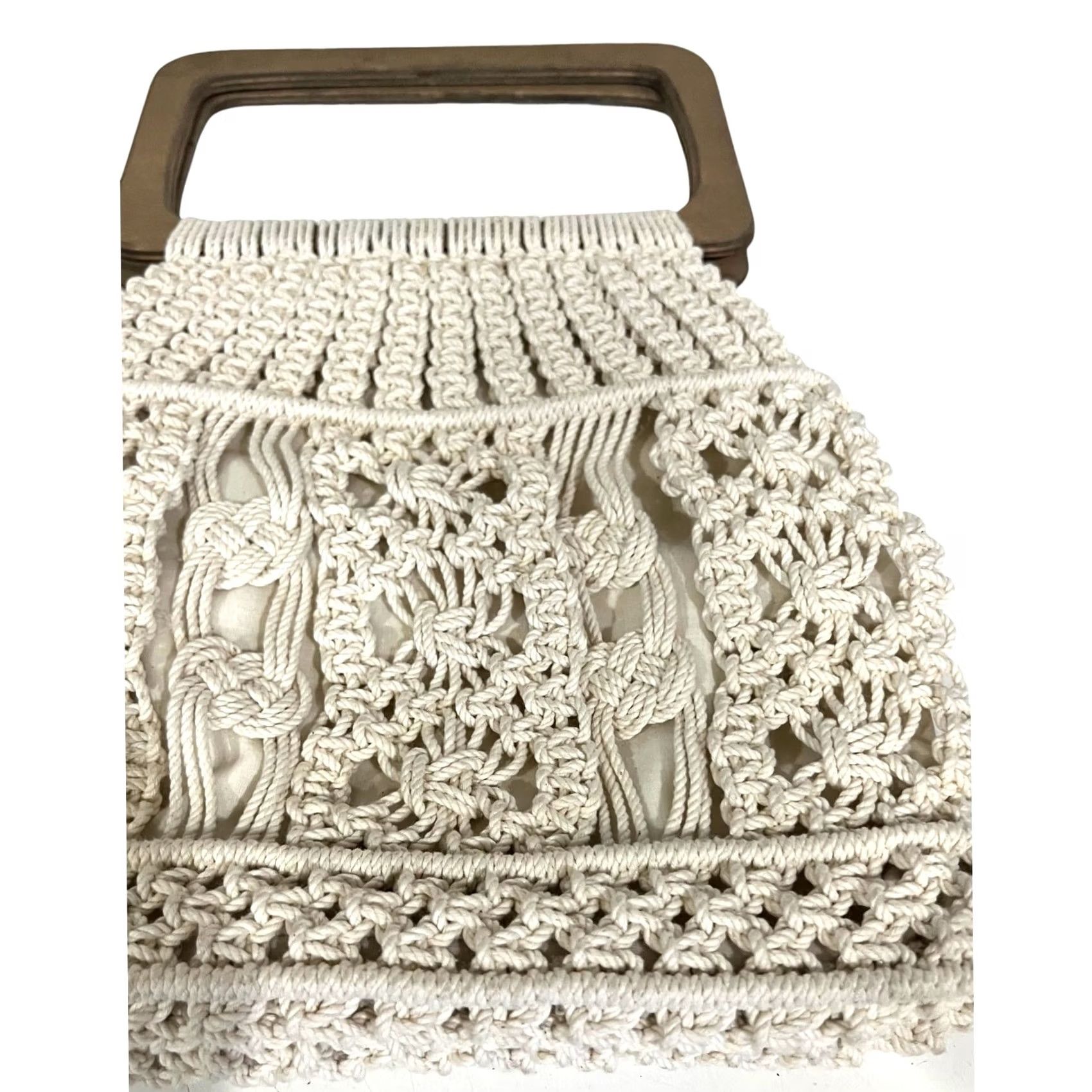 Vintage VINTAGE Macrame Crochet Purse Handbag Wood Handles Cream Ivory Cotton Handbag Womens Top Handle Bag Casual Party/Cocktail Brown Wood 10" wide 10" tall Size ONE SIZE - 2 Thumbnail