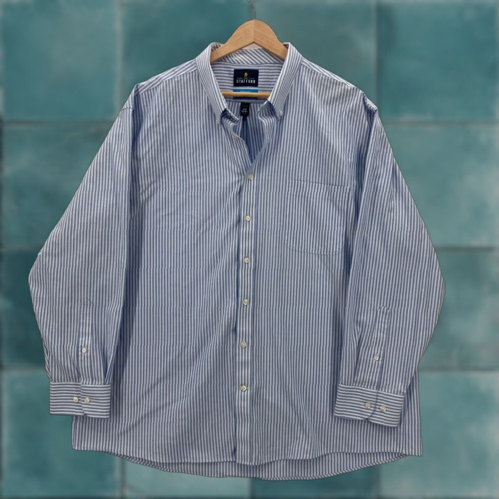 Stafford Stafford Coolmax Shirt Mens 2XL Blue Striped Button Down Long Sleeve Work Dress Shirt Size US XXL / EU 58 / 5 - 1 Thumbnail