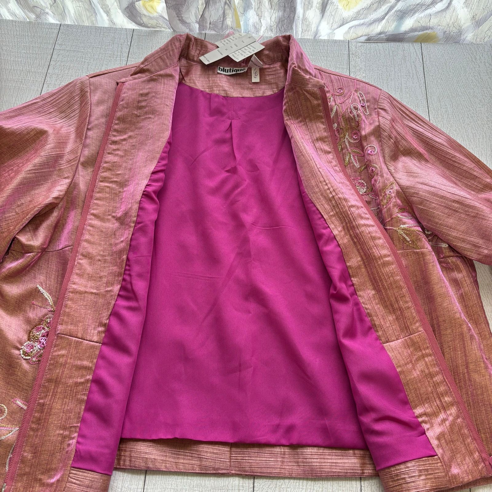 Other Blutique Rose Pink Shimmer Floral Embroidered Beaded Jacket Size XXL / US 16-18 / IT 52-54 - 10 Thumbnail