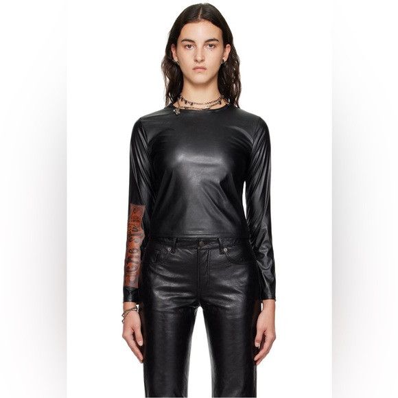 ACNE STUDIOS Black Crewneck Faux-Leather Long Sleeve T-Shirt