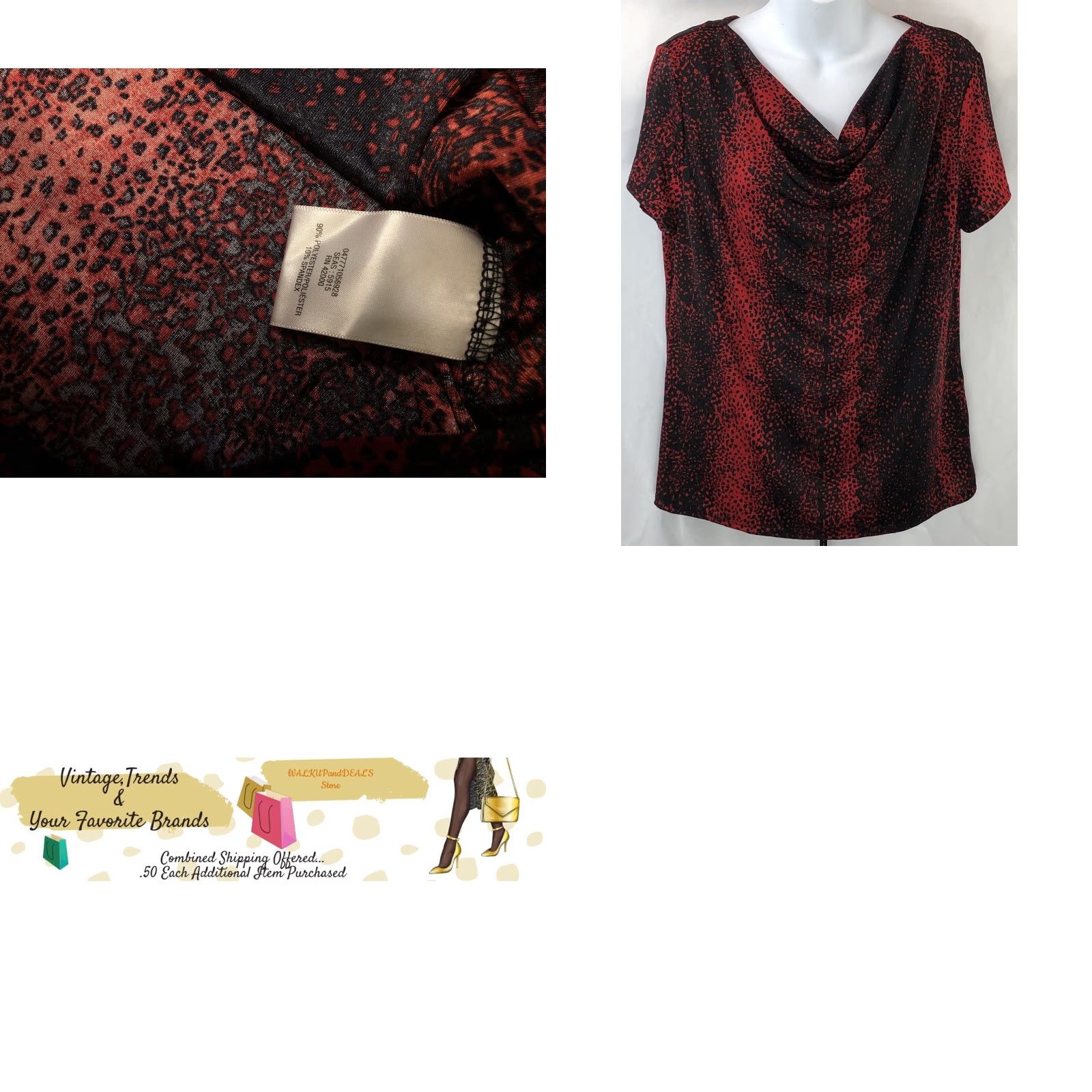 Vintage Jaclyn Smith Blouse Shirt L Red Animal Printed Short Sleeve Cowl Neck Stretch Retro Casual Workwear Geometric Size L / US 10 / IT 46 - 8 Thumbnail
