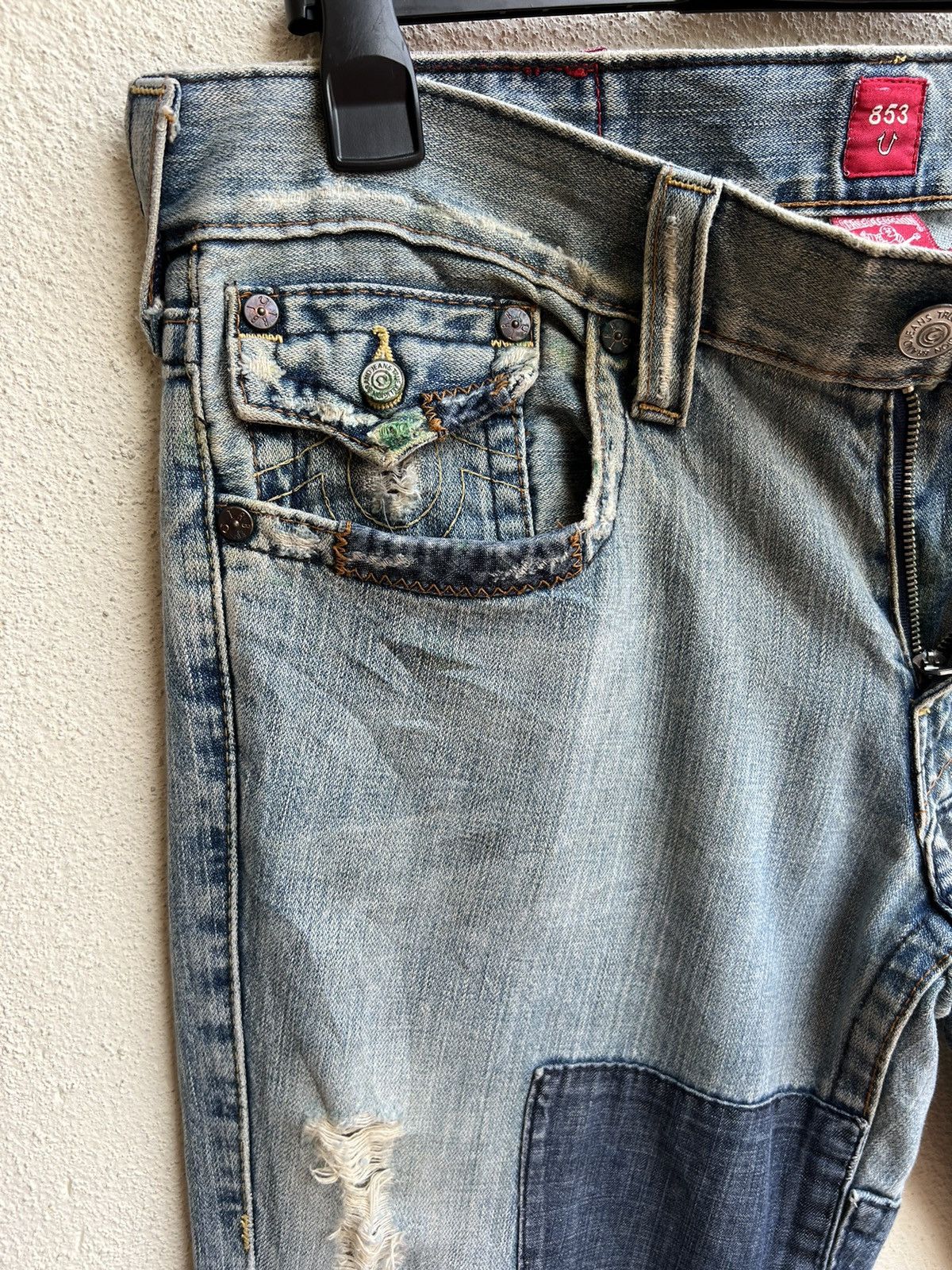 True Religion VTG 00s TR Big Rig Stone&Tint Rips Patchwork Flare Jeans Size US 34 / EU 50 - 8 Thumbnail