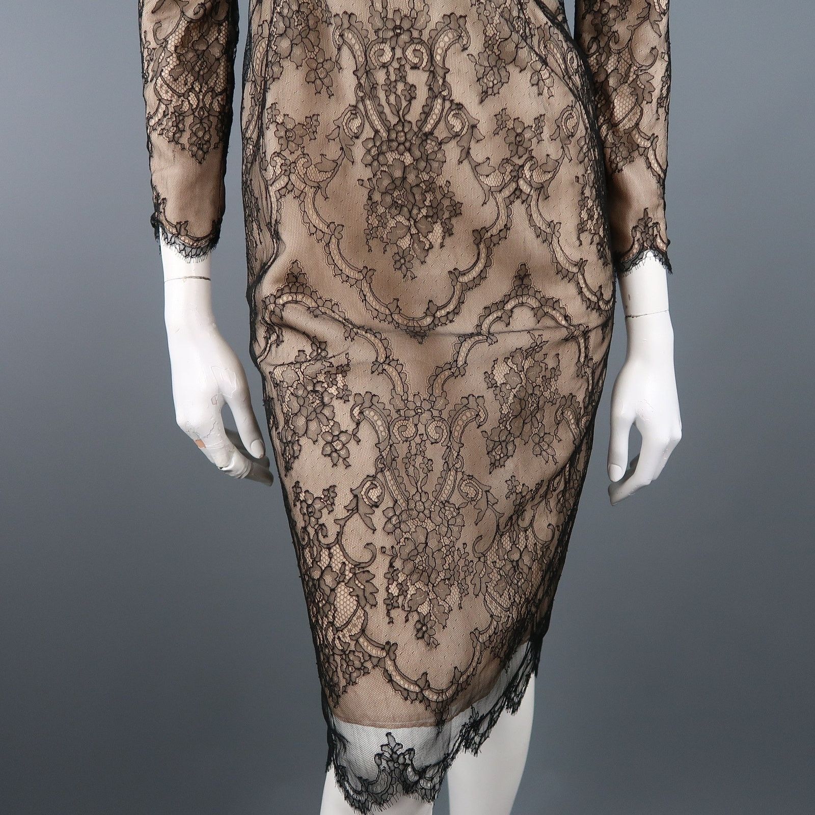 Other DENNIS BASSO Beige Black Lace Overlay Long Sleeve Cocktail Size S / US 4 / IT 40 - 4 Thumbnail