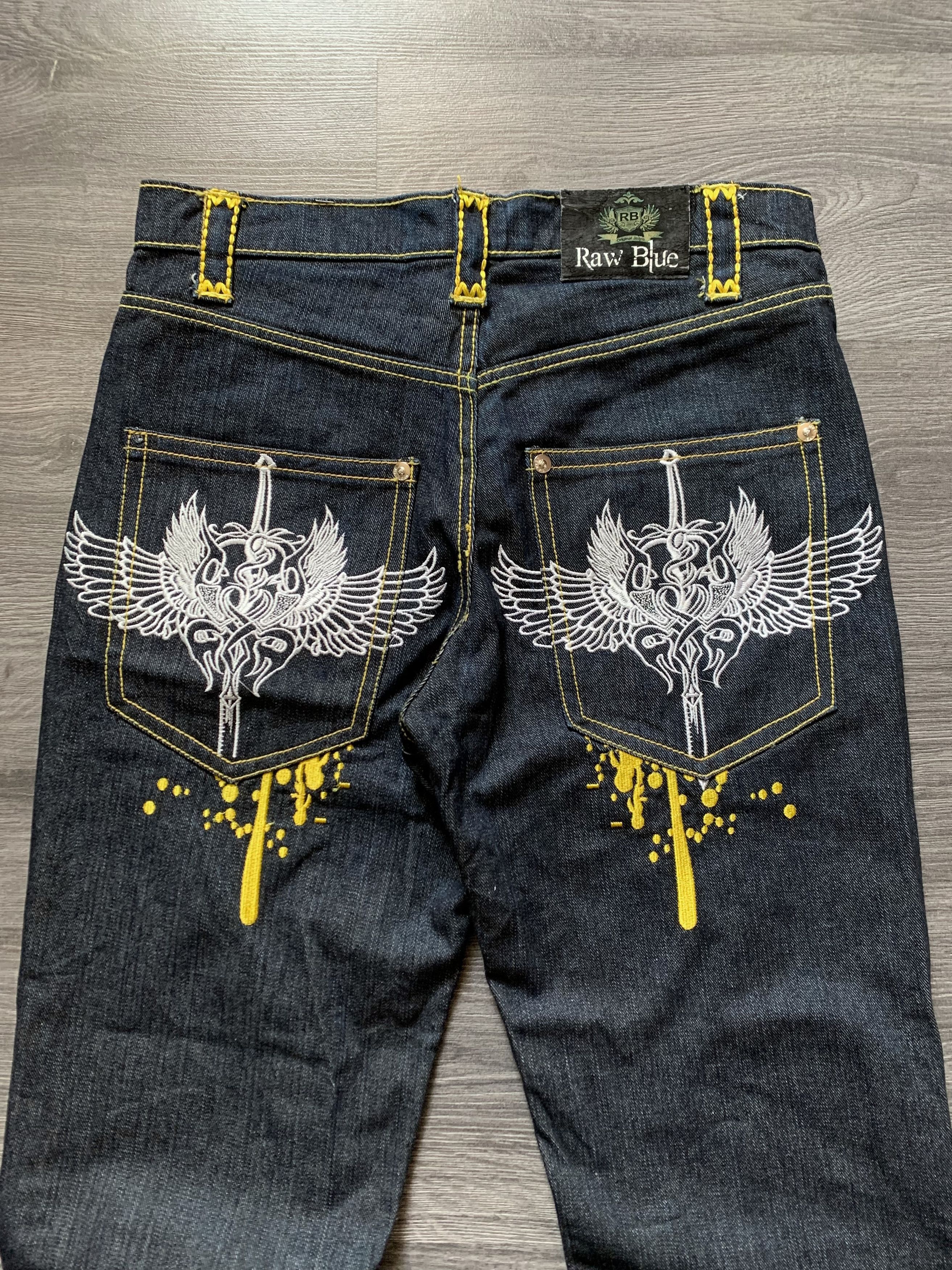 Japanese Brand Raw Blue Y2K Embroidered Baggy Rap Pants Size US 34 / EU 50 - 2 Thumbnail