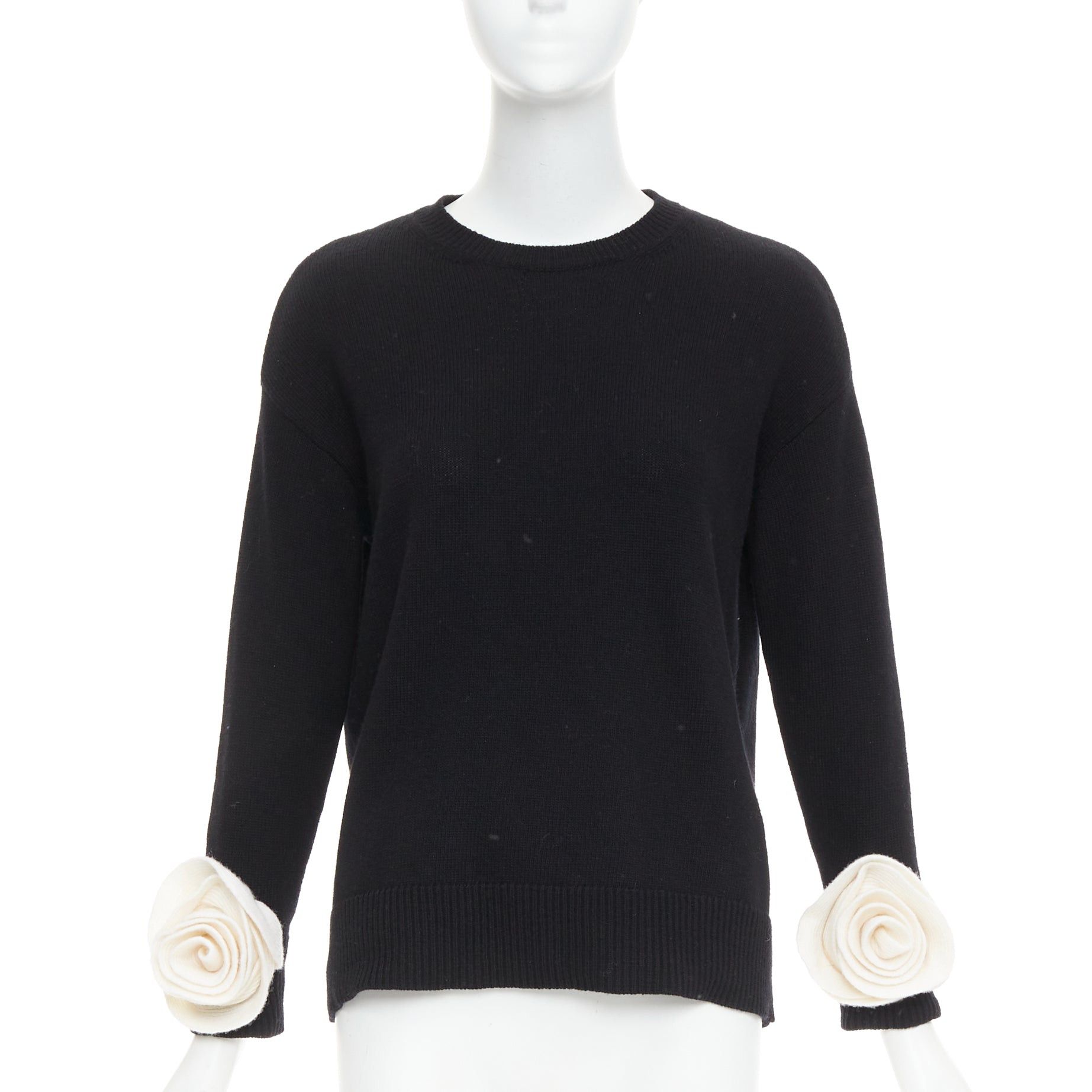 Valentino VALENTINO 2024 black virgin wool cream 3D Flower cuff crew neck sweater XS Size S / US 4 / IT 40 - 1 Thumbnail