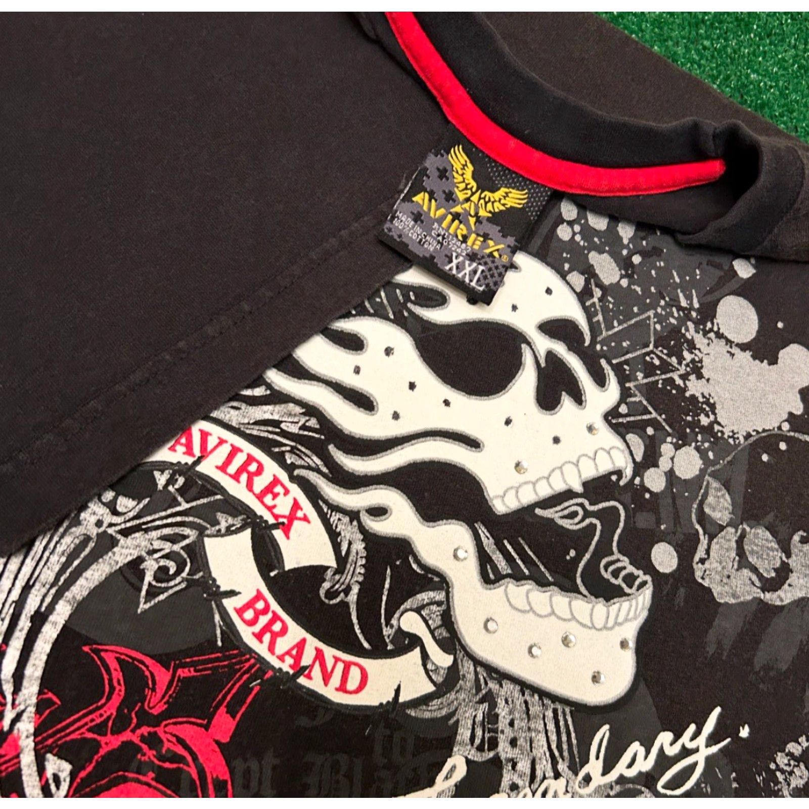 Avirex VINTAGE Avirex T-Shirt Mens 2XL Black Short Sleeve Skull Flames Rhinestone Jewel Hip Hop Punk 90s Y2K Shirt Size US XXL / EU 58 / 5 - 2 Thumbnail