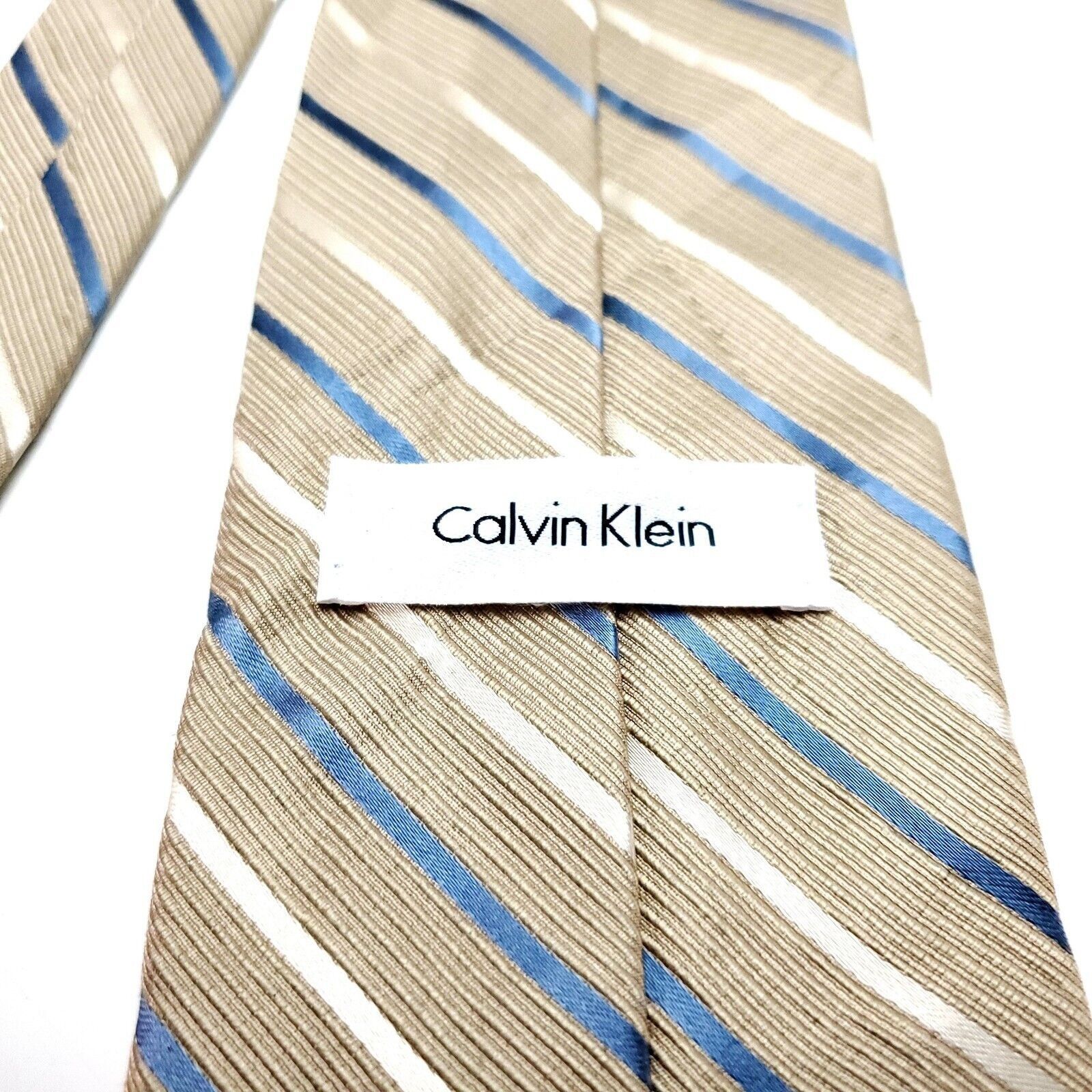 Calvin Klein Calvin Klein Silk Tie Woven Tan Striped Blue Size ONE SIZE - 5 Thumbnail