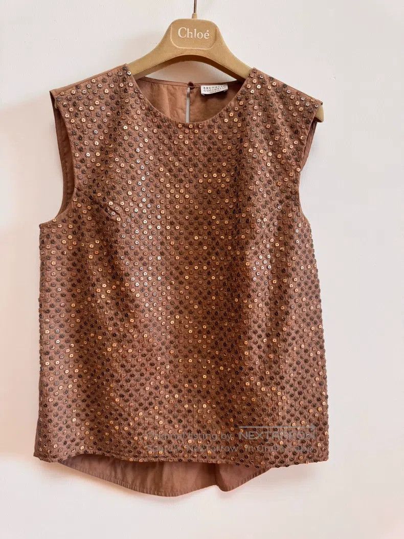 Brunello Cucinelli Brunello Cucinelli Brown Sequined Sleeveless Top Size S / US 4 / IT 40 - 8 Thumbnail
