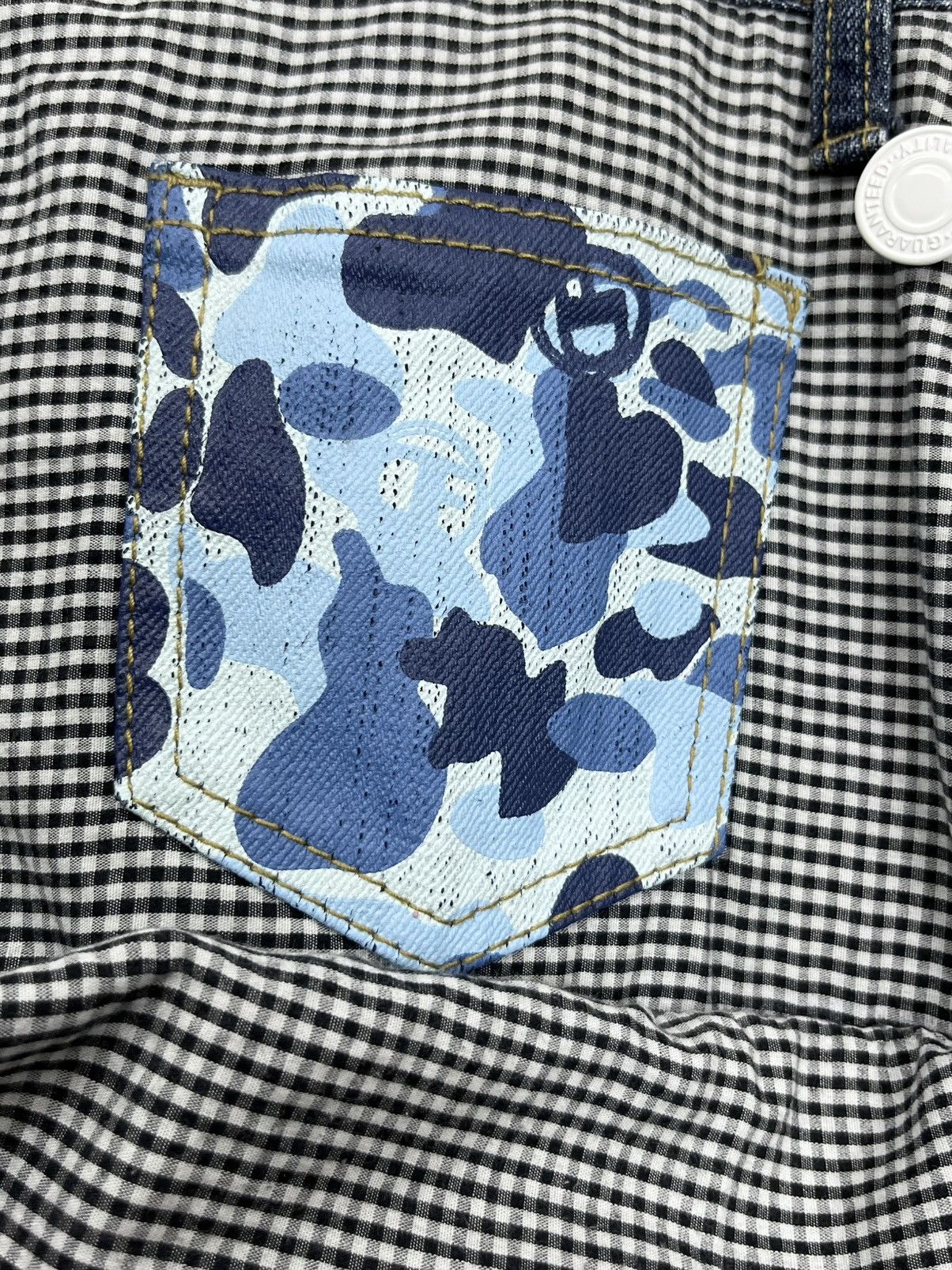 Japanese Brand RARE🔥Butt Flap ABC CAMO BLUE Design Pocket Japan’s Jeans Size US 29 - 7 Thumbnail