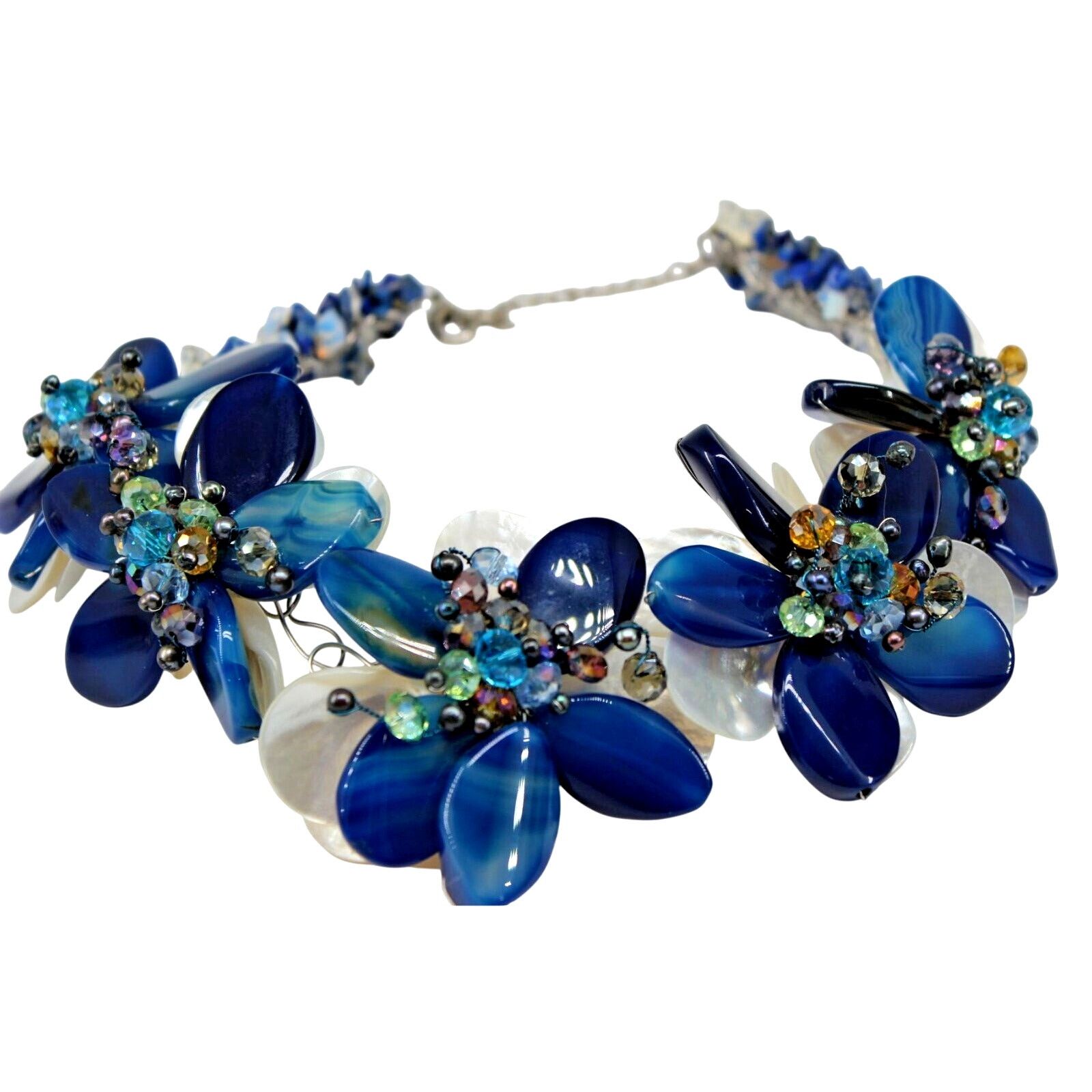 Big 3 Flower Necklace Blue Glass Pearl Crystal Lapis