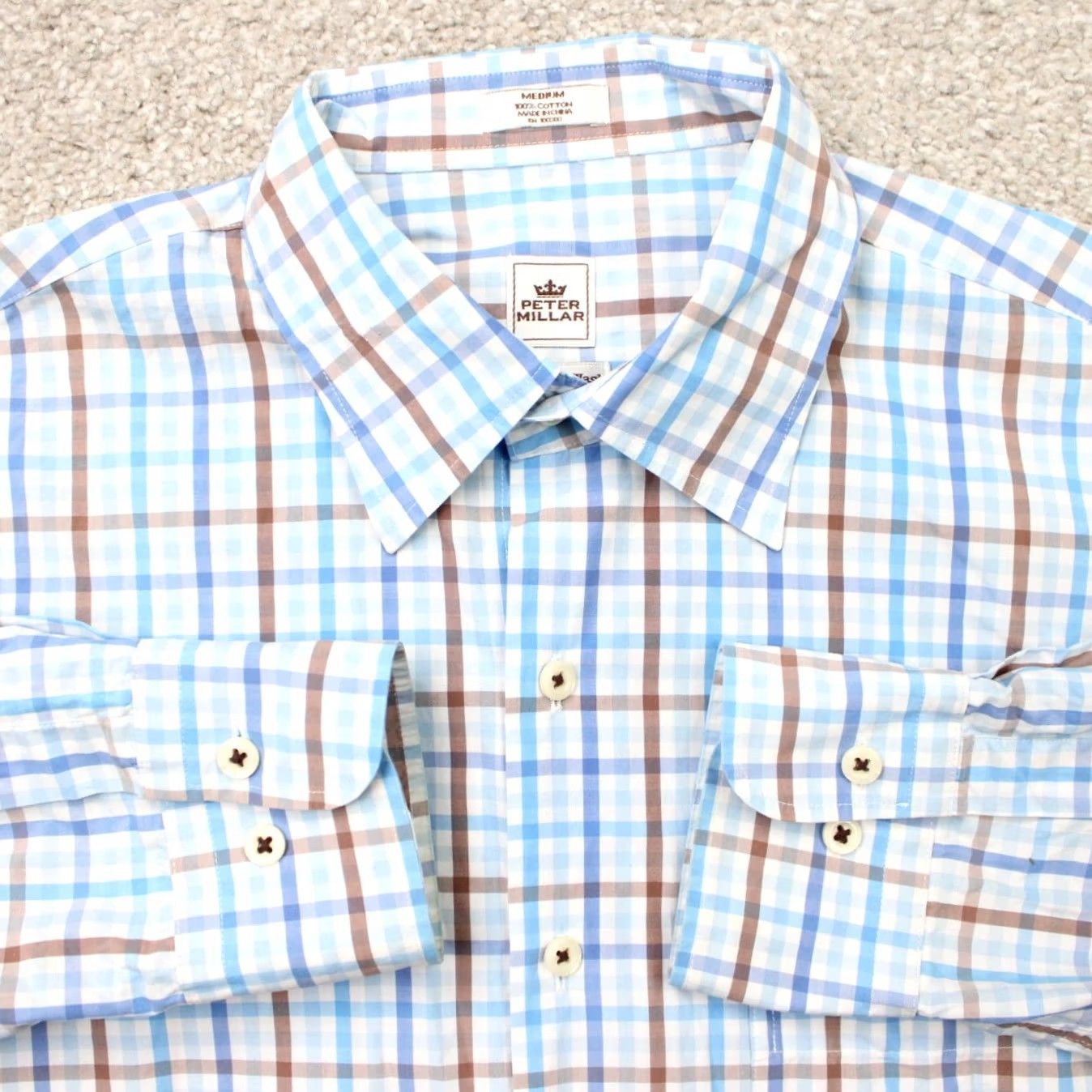 Peter Millar Peter Millar Shirt Mens Medium Blue/Brown Weekender Wash Cotton Long Sleeve Button-Up Shirt Cap-Down Plaid Casual Workwear Mens Regular Adult Size US M / EU 48-50 / 2 - 2 Thumbnail