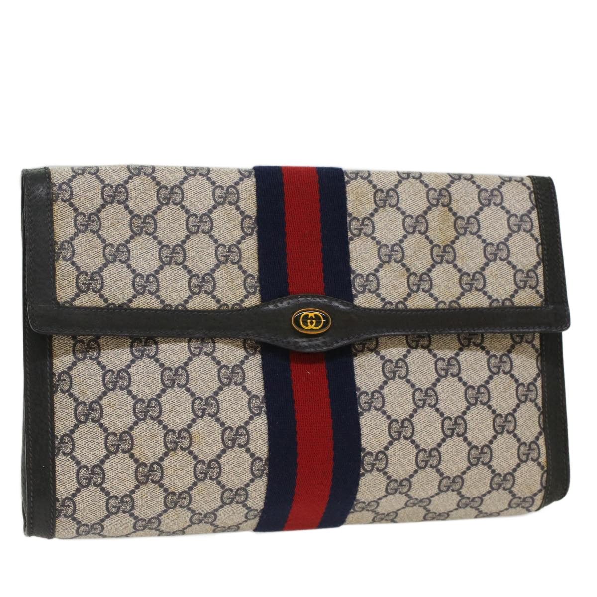 GUCCI GG Canvas Sherry Line Clutch Bag Pvc Leather Red Navy
