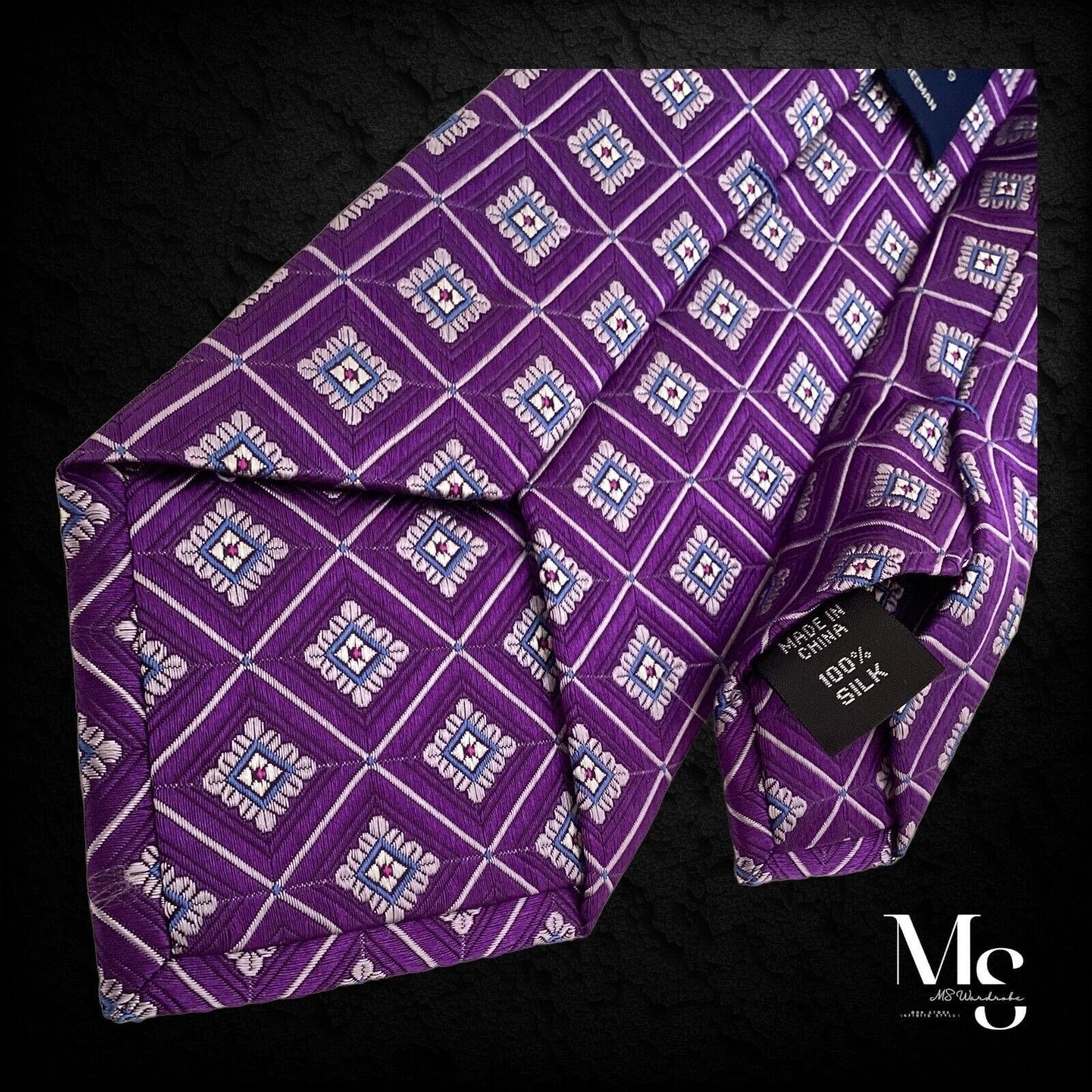 Hickey Freeman HICKEY FREEMAN Purple Medallion Print Silk Tie W:3.25’’ EC C Size ONE SIZE - 4 Thumbnail