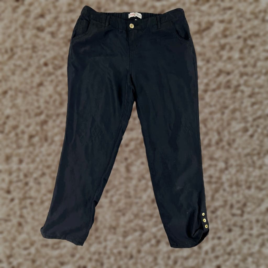 Guess GUESS Pants Women Small Black Straight Leg Gold Buttons Zip Fly Pockets Elastic Size 28" / US 6 / IT 42 - 1 Thumbnail