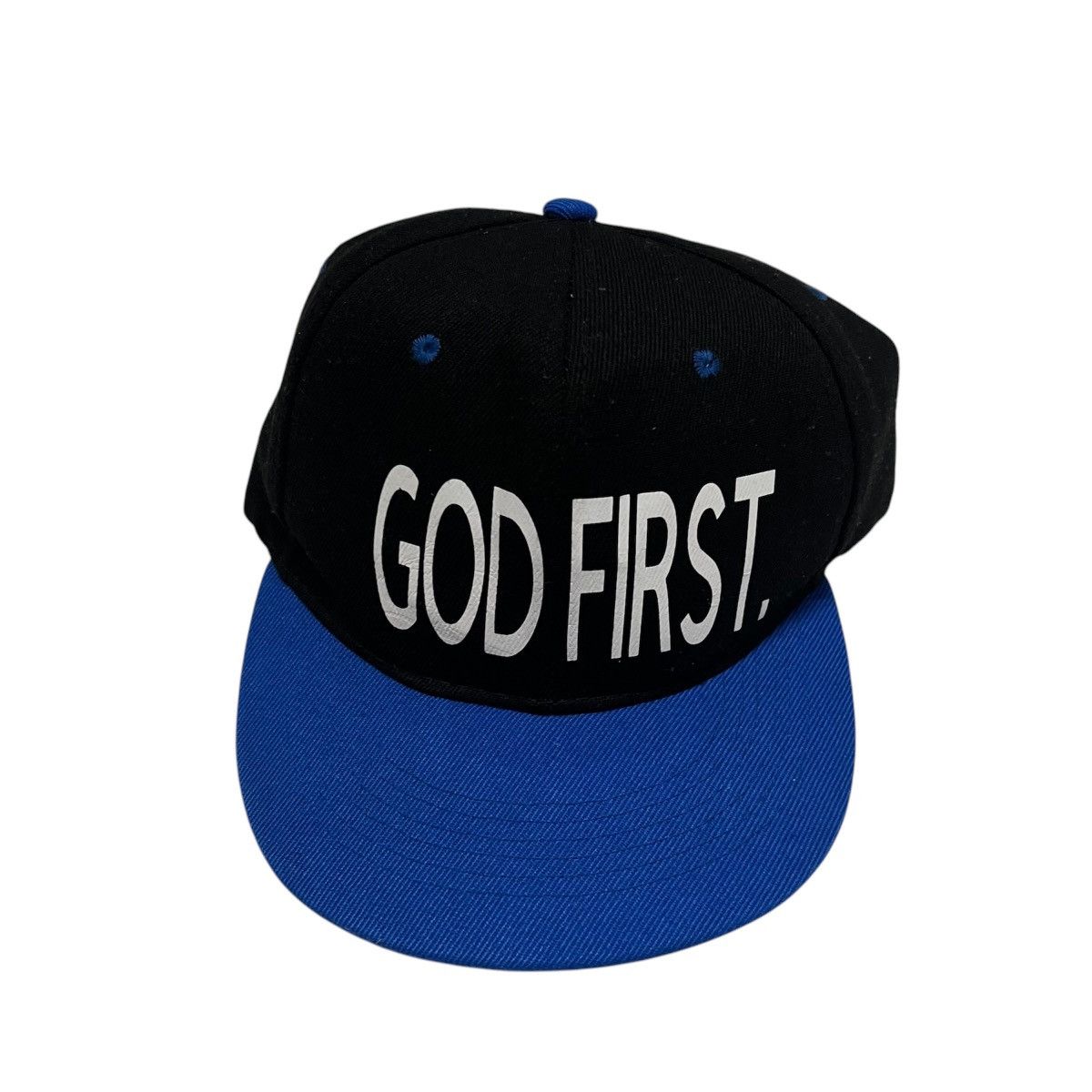 Vintage Vintage 1990s Black And Royal Blue God First SnapBack Hat Size ONE SIZE - 1 Thumbnail