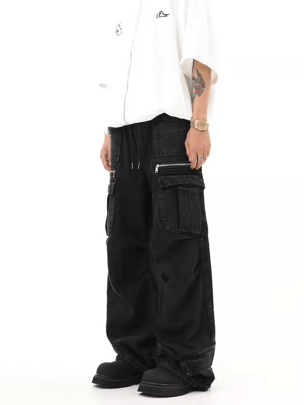 image of Jean Black Flared Distressed Baggy Cargo Pants, Men's (Size 33)