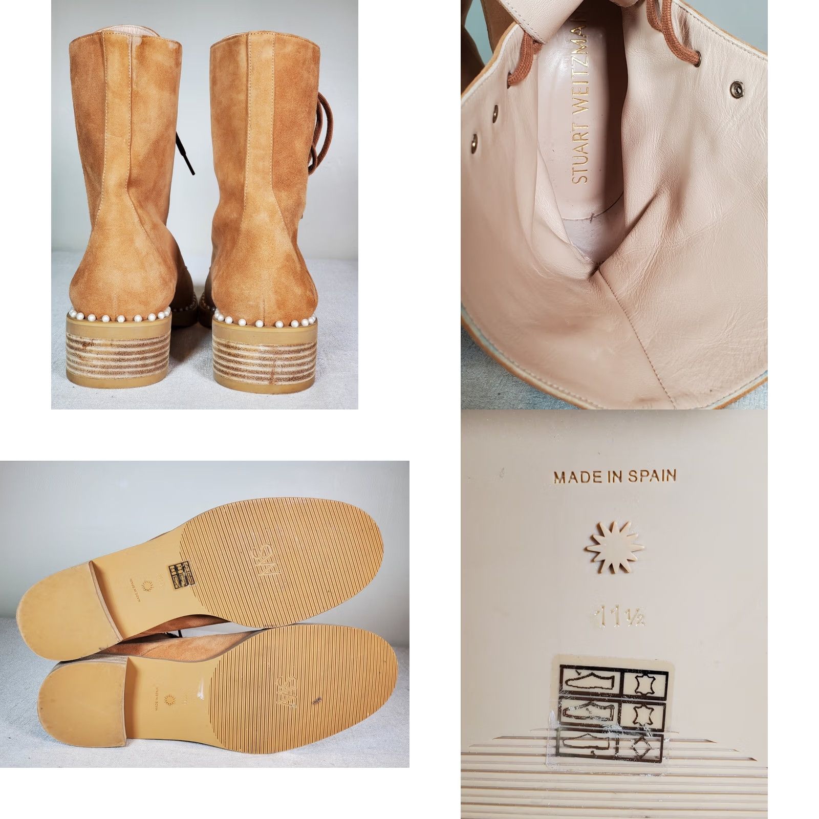 Stuart Weitzman Stuart Weitzman Sondra Pearl Embellished Suede Combat Boots Women's US 11.5 B Tan Leather Lined Lace Up Round Toe, Platform/City, EUC Size US 12 / IT 42 - 8 Thumbnail