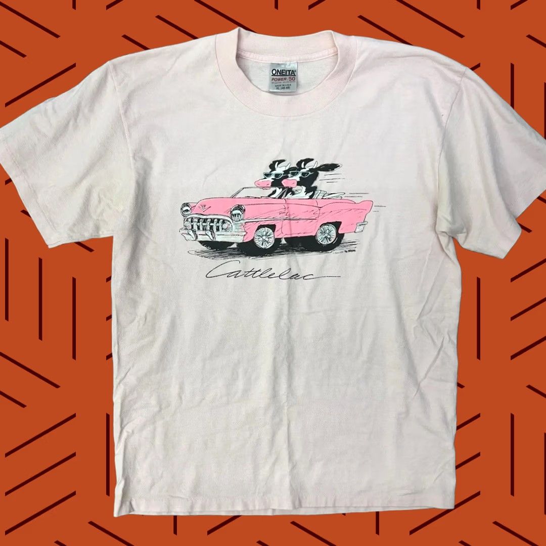 Vintage VINTAGE Oneita USA T-Shirt Graphic 90s Pink XL Regular Men Single Stitch Cow Cadillac Cattlelac Graphic T Shirt Mens XL Pink USA Size US XL / EU 56 / 4 - 1 Thumbnail