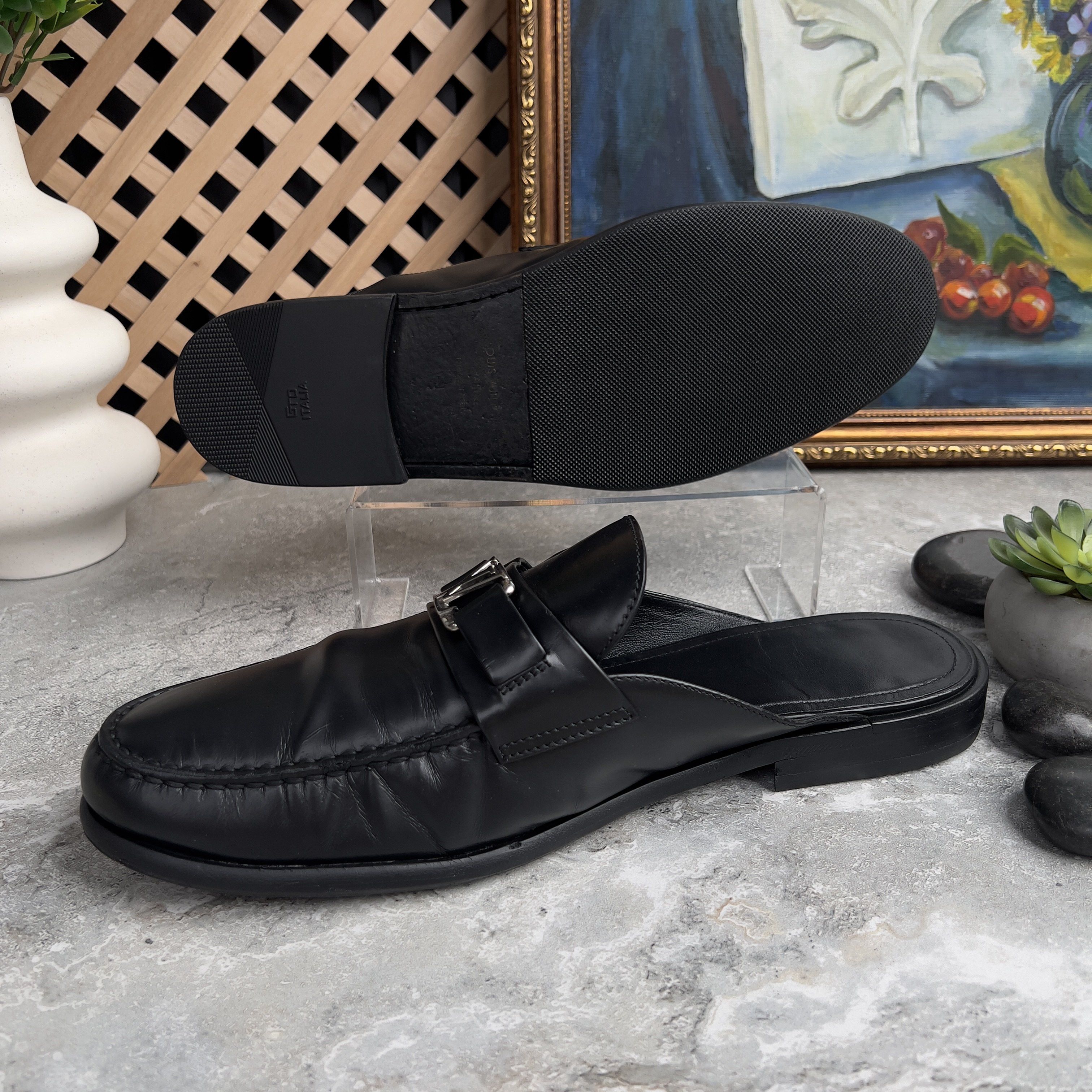 Louis Vuitton Major Open Back Loafers Mules Black Glazed Leather Size US 10 / EU 43 - 9 Thumbnail