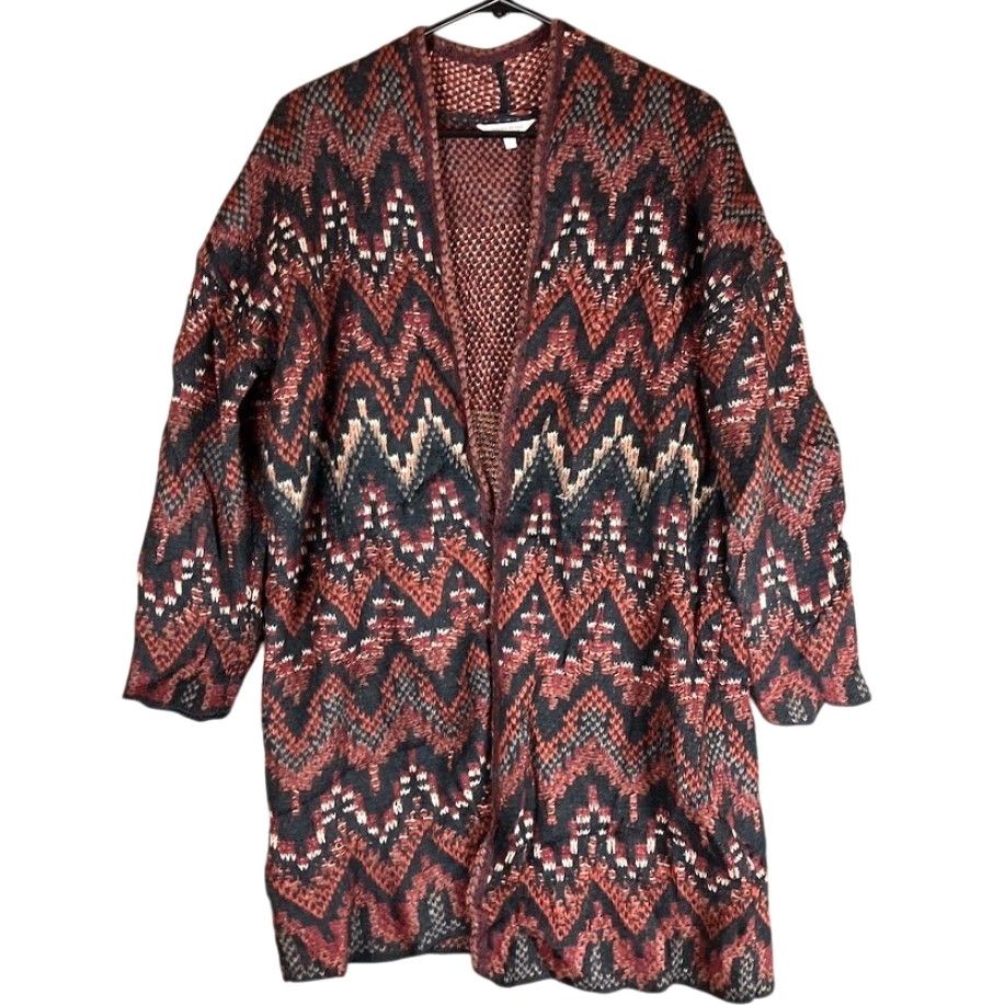 Lucky Brand Lucky Brand Womens Sweater Cardigan Open Front Duster Wool Blend S Red Chevron Knit Size S / US 4 / IT 40 - 2 Thumbnail