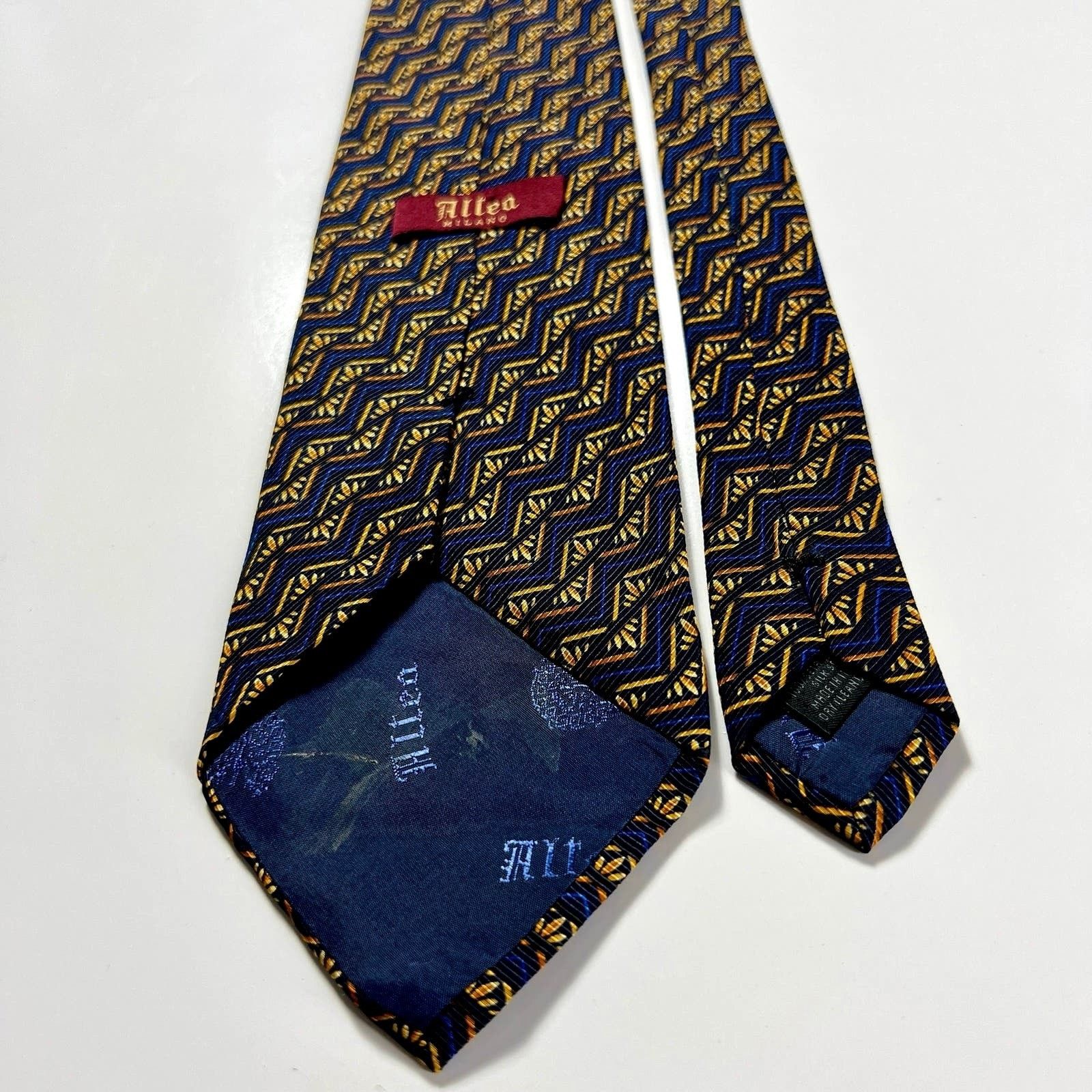Altea Altea Milano Men's Tie Blue Gold Silk Striped Woven Necktie Size ONE SIZE - 2 Thumbnail