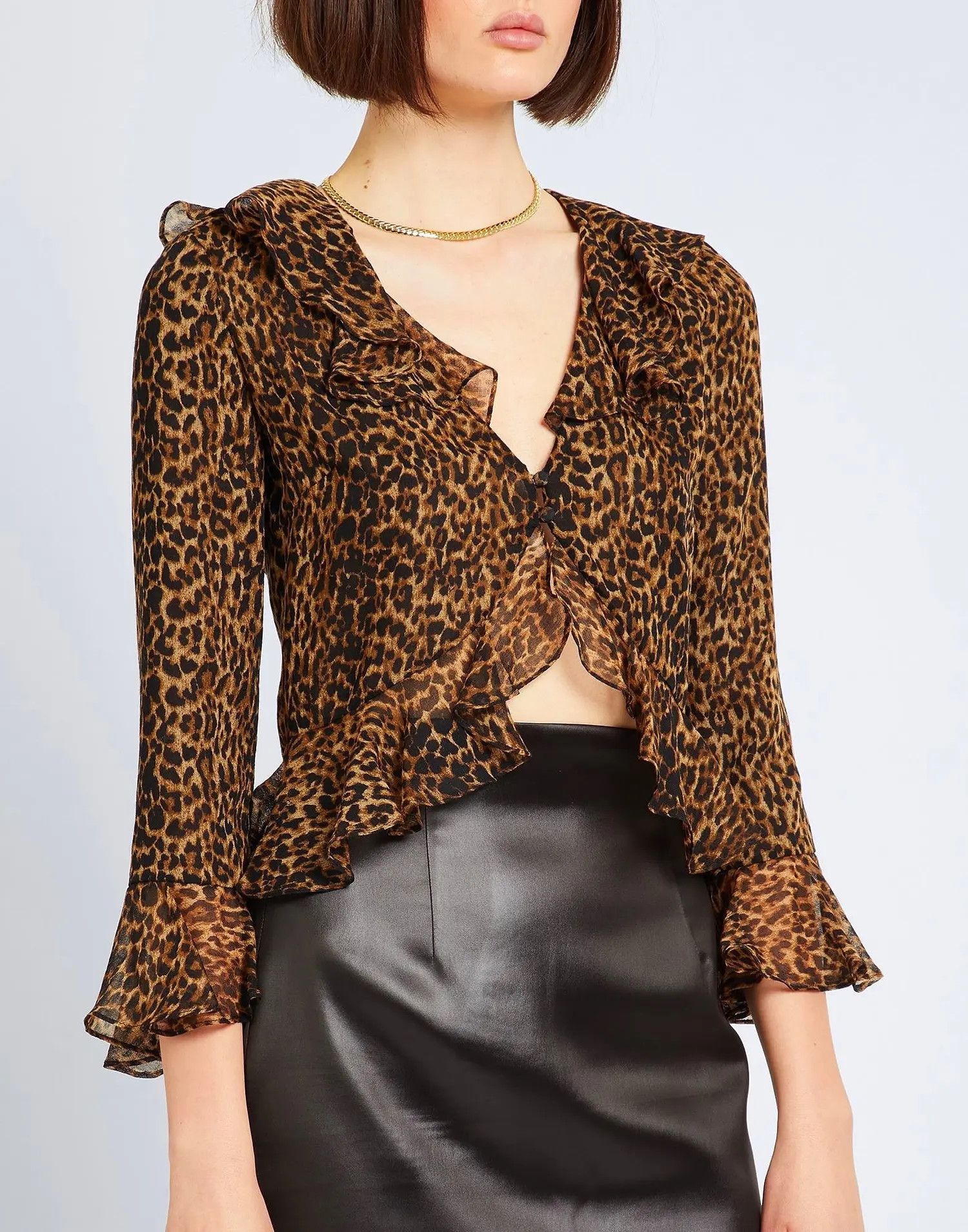Saint Laurent Paris o1b1hav111124 Ruffled Blouse in Leopard Print Wool Leopard Size M / US 6-8 / IT 42-44 - 4 Thumbnail