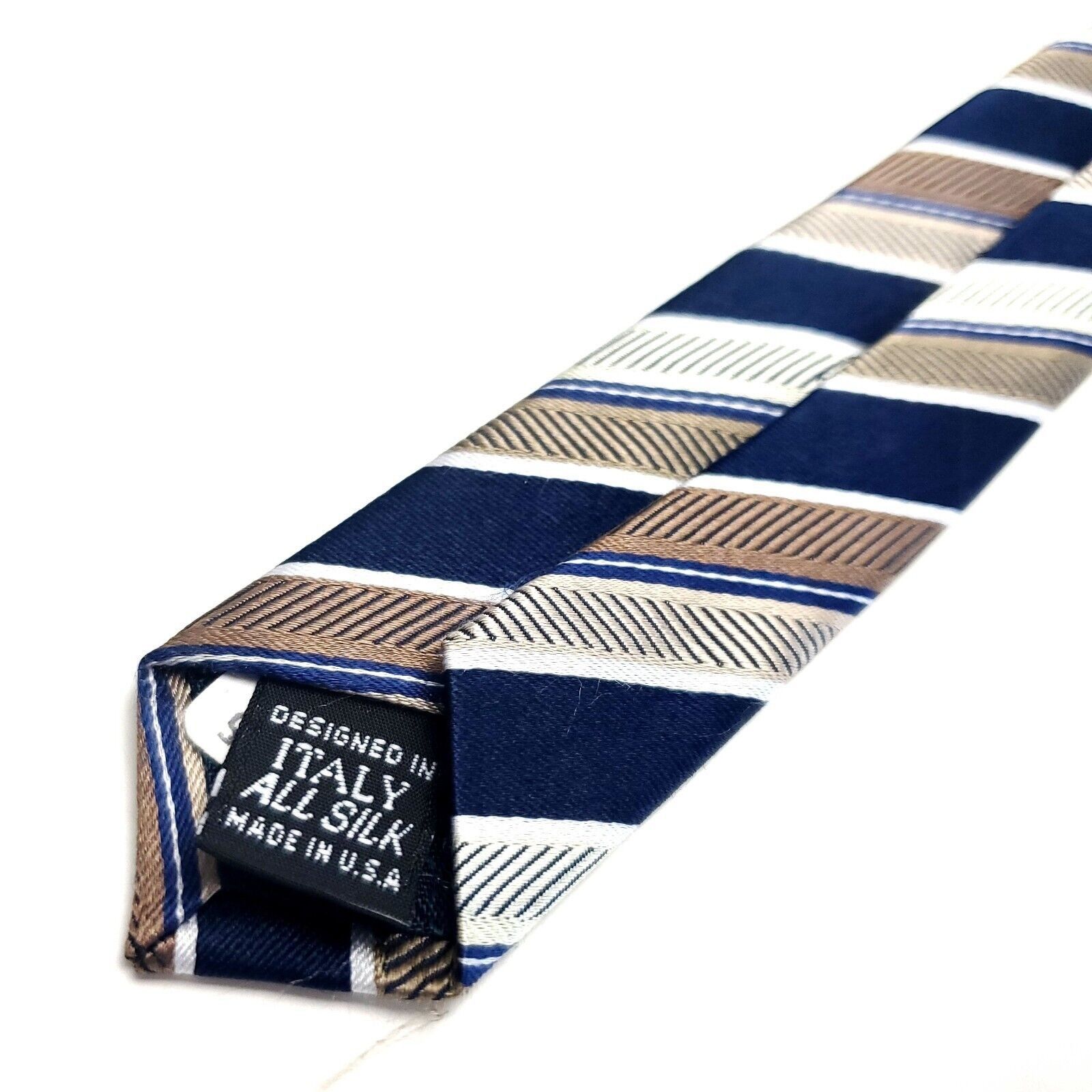 Vintage Mark Shale Silk Tie Woven Blue Brown Tan Striped Size ONE SIZE - 5 Thumbnail