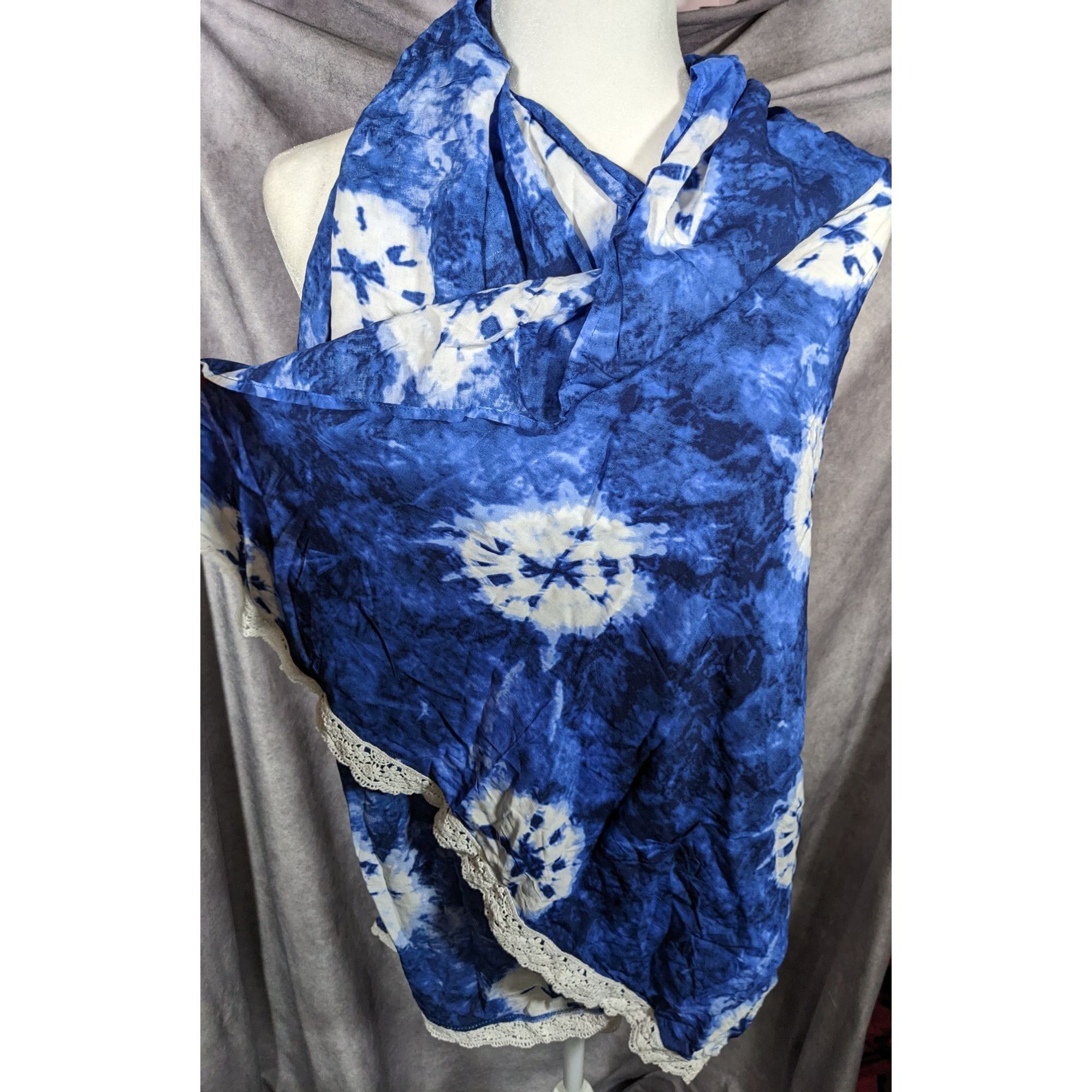 Other Bohemian Floral Blue And White Tie Dye Scarf With Lace Trim Size ONE SIZE - 5 Thumbnail