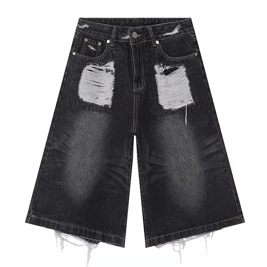 Japanese Brand × Vintage Baggy Denim Ripped Whiskers Thread Jorts Shorts y2k Size US 33 - 5 Thumbnail