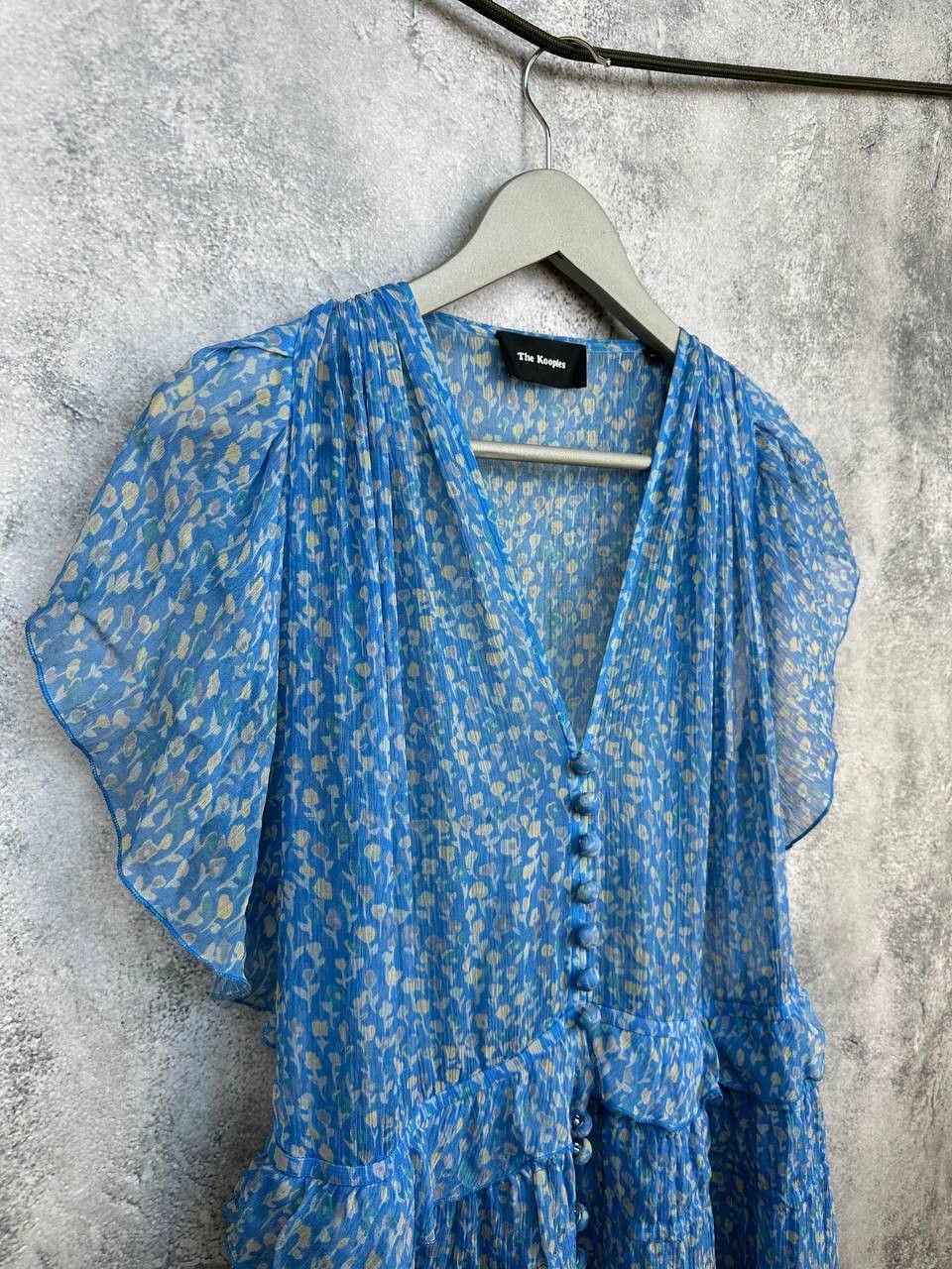 The Kooples THE KOOPLES Blue Lagoon Print Silk Ruffle Muslin Midi Dress Size XS / US 0-2 / IT 36-38 - 4 Thumbnail