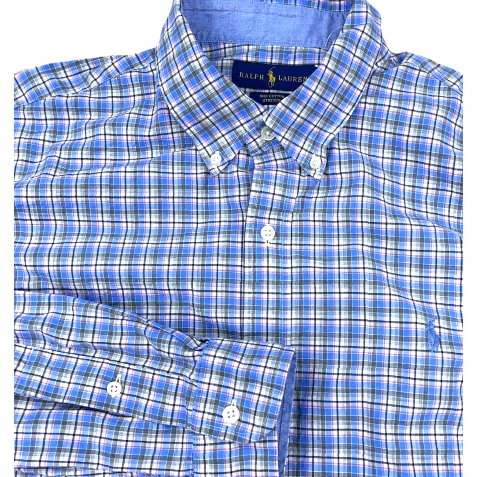 Ralph Lauren Ralph Lauren Shirt Men XL Blue Plaid Button Up Dress Stretch Cotton Poplin Size 46R - 2 Thumbnail