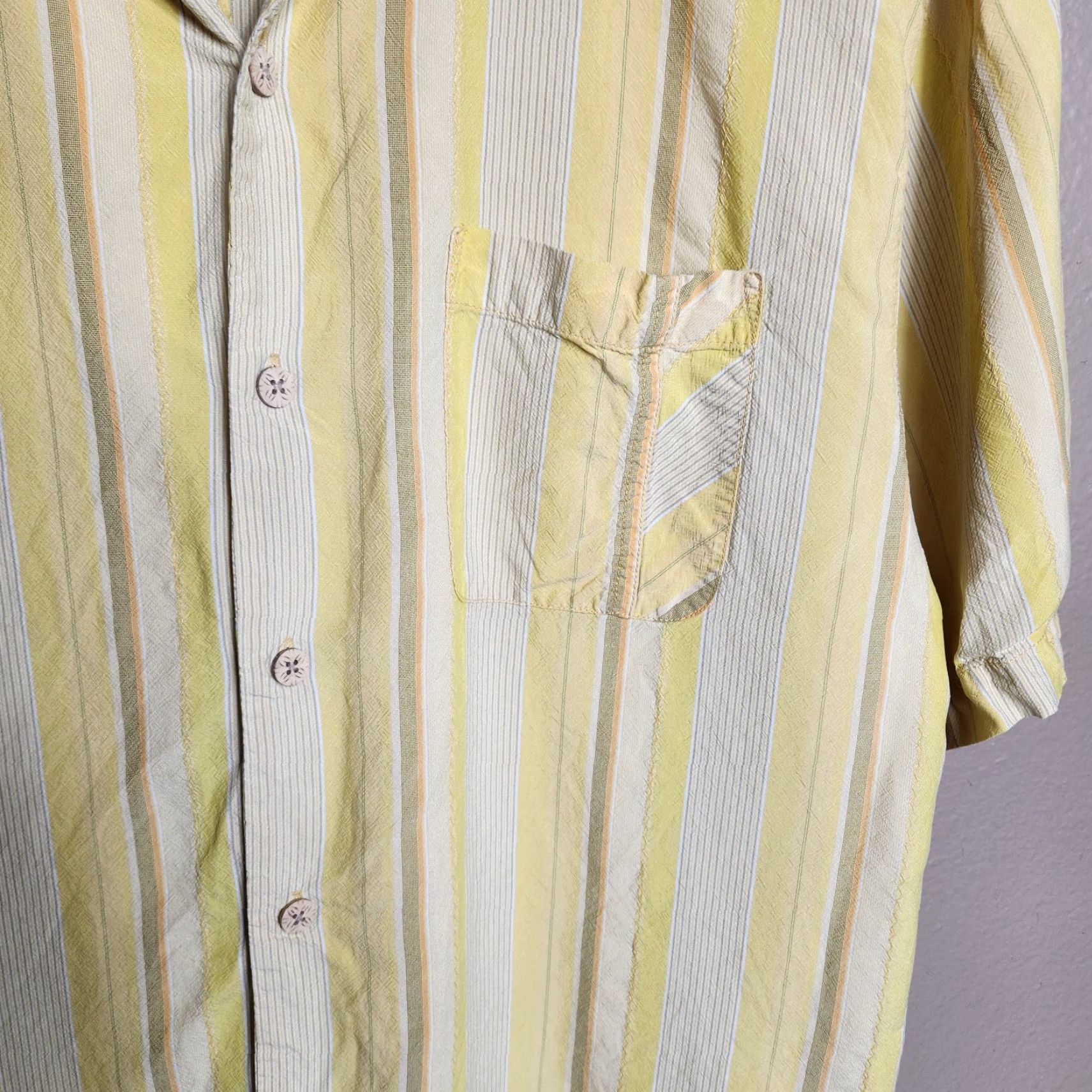 Tommy Bahama VINTAGE Tommy Bahama Mens 100% Silk Yellow Vertical Stripe SS Buttonfront Shirt M | Yellow | Silk | Beach, Tropical, Vacation | Mens, Button-Up, Shirt Size US M / EU 48-50 / 2 - 2 Thumbnail