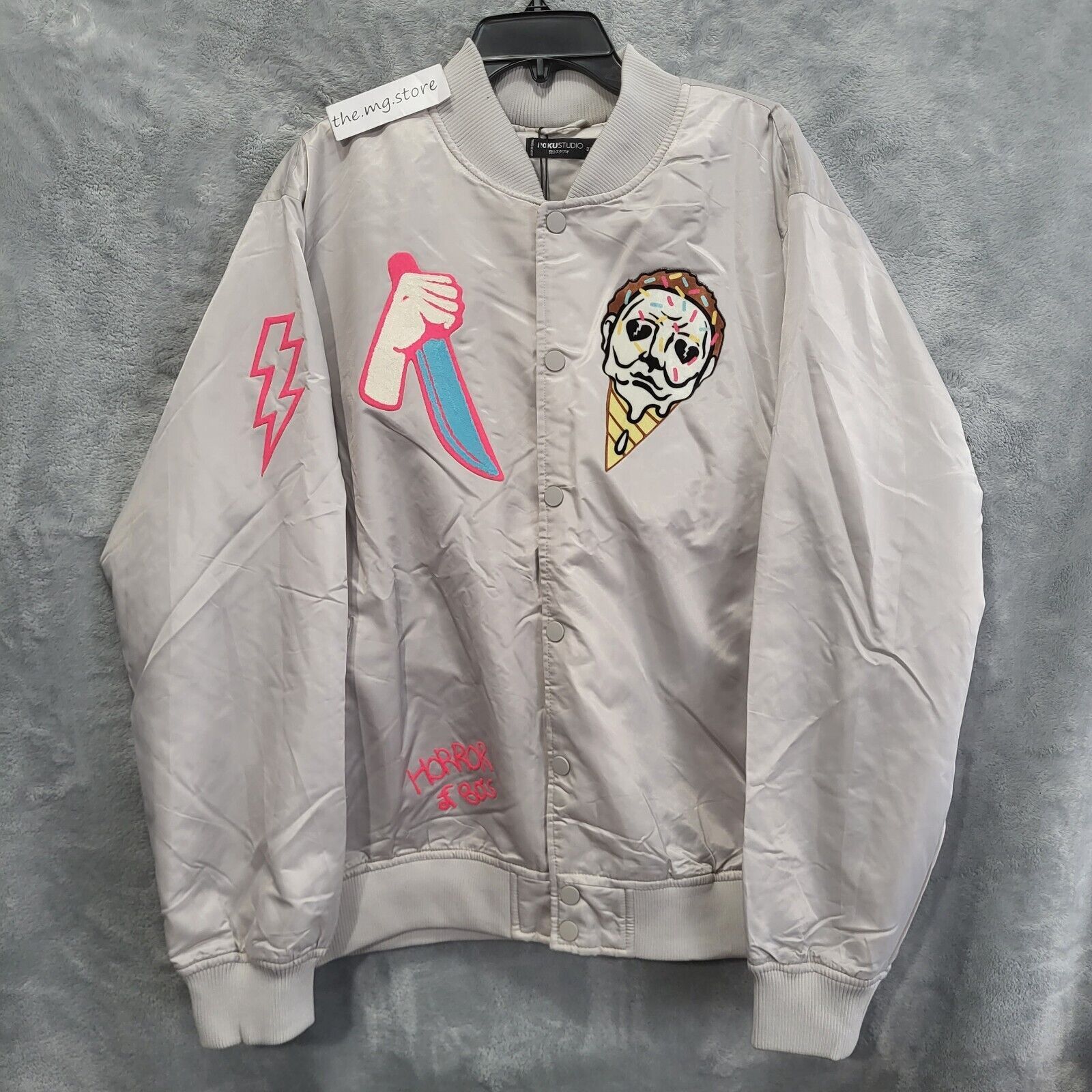 Roku Studio 'Ice Scream' Gray Satin Bomber Jacket Sz 3XL/2XL
