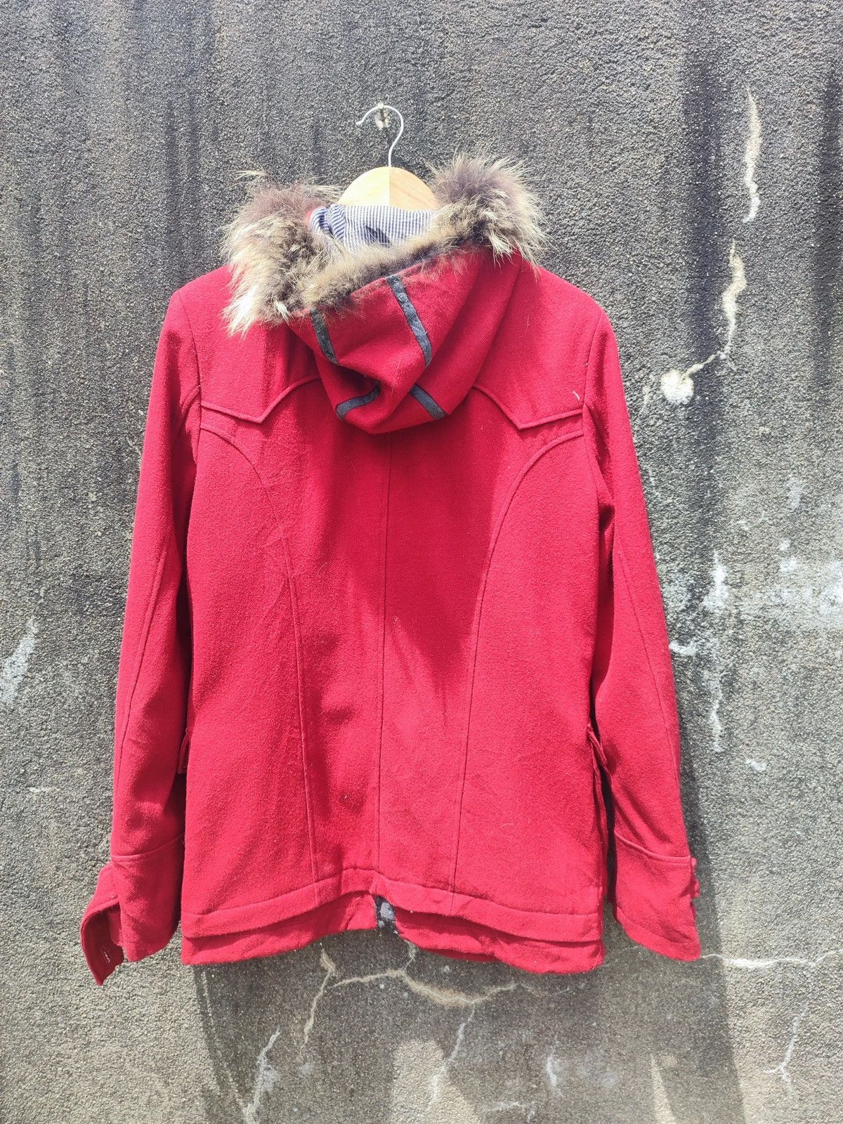 Designer PPFM Red Wool-Blend Toggle Jacket with Fur Hood - Size L Size US M / EU 48-50 / 2 - 4 Thumbnail