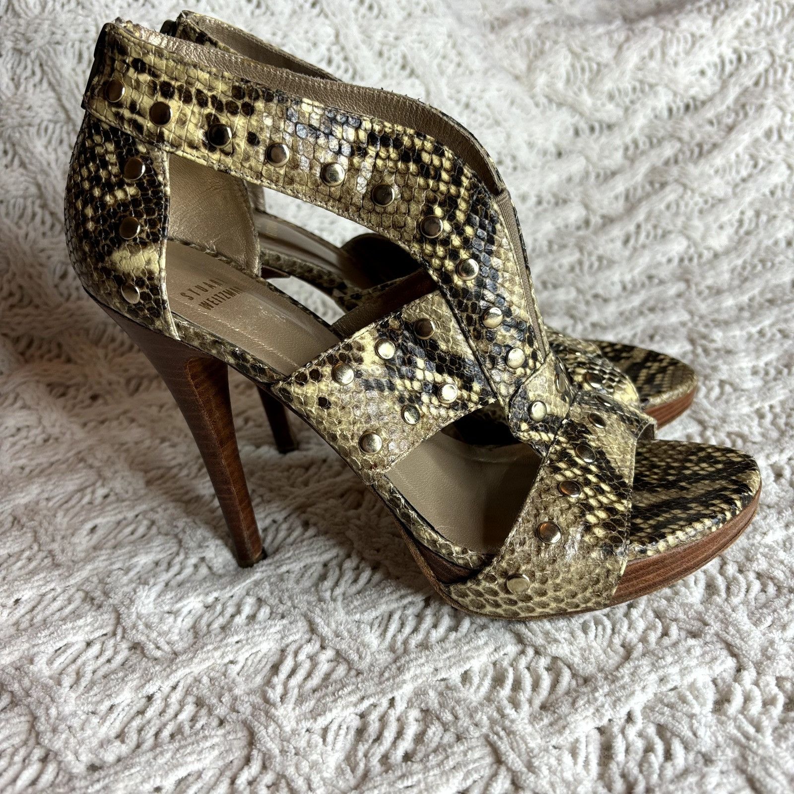 Stuart Weitzman Stuart Weitzman Snake Print Leather Platform Studded Zip-Cag Size US 8.5 / IT 38.5 - 3 Thumbnail