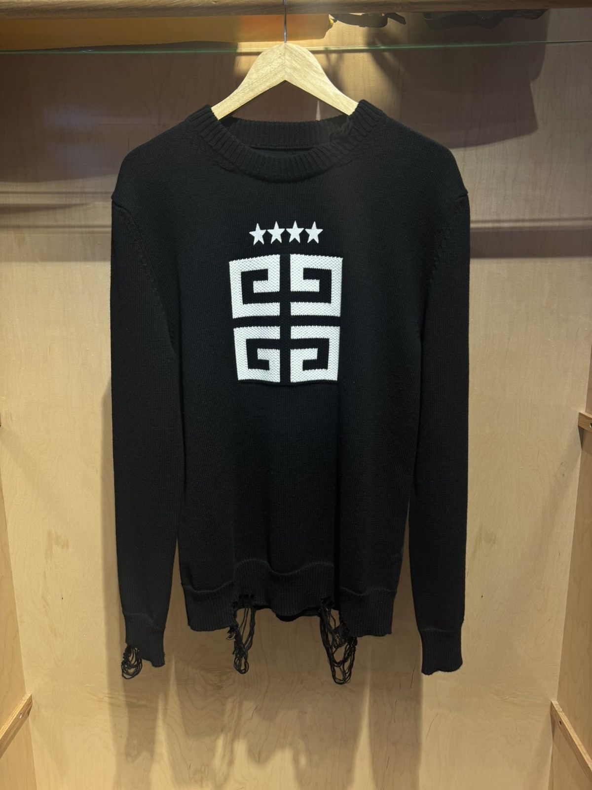 image of Givenchy Logo Distressed Knit Sweater in Black, Men's (Size Small)