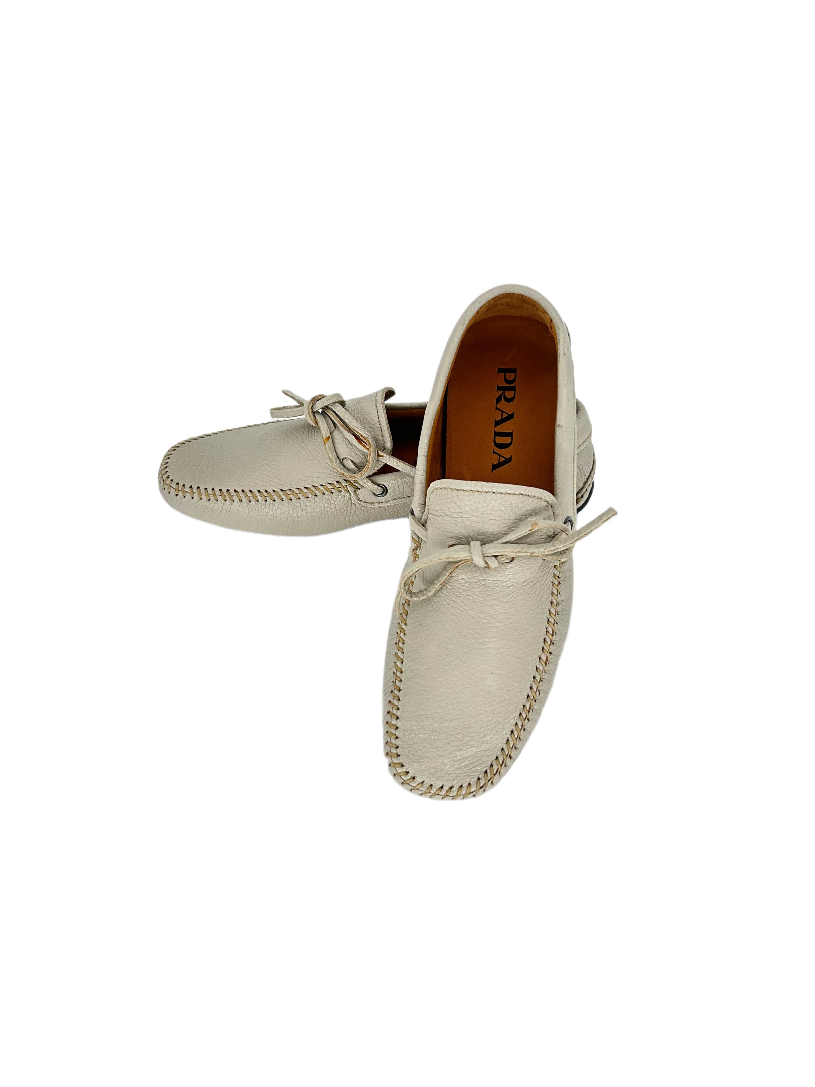 Prada Prada Off White Grain Leather 'Driver' Shoe With Lace Detail Size US 6 / EU 39 - 4 Thumbnail