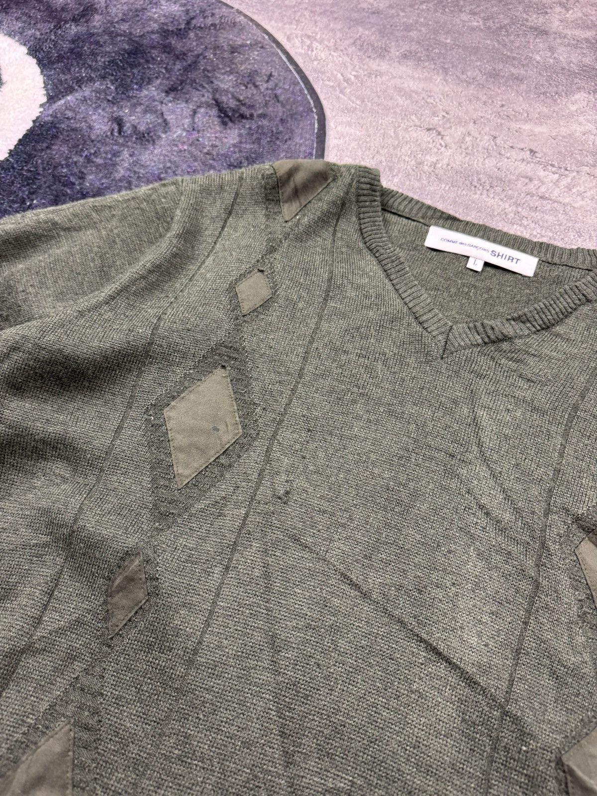 Comme des Garcons SHIRT Comme des Garcons SHIRT Green V-Neck Patchwork Details Size US L / EU 52-54 / 3 - 8 Thumbnail